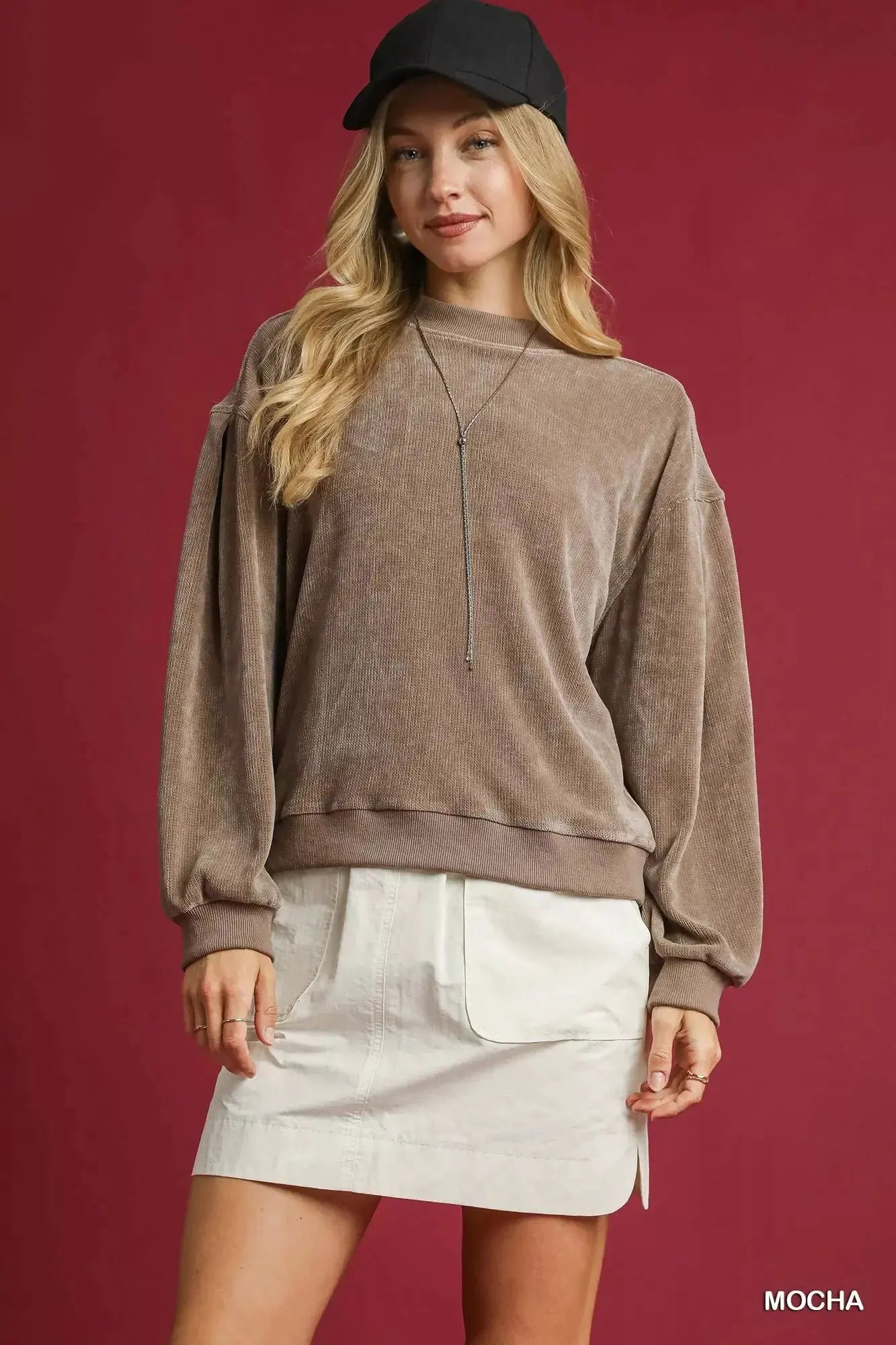 Umgee Velour Crewneck Balloon Sleeve Sweatshirt by Umgee