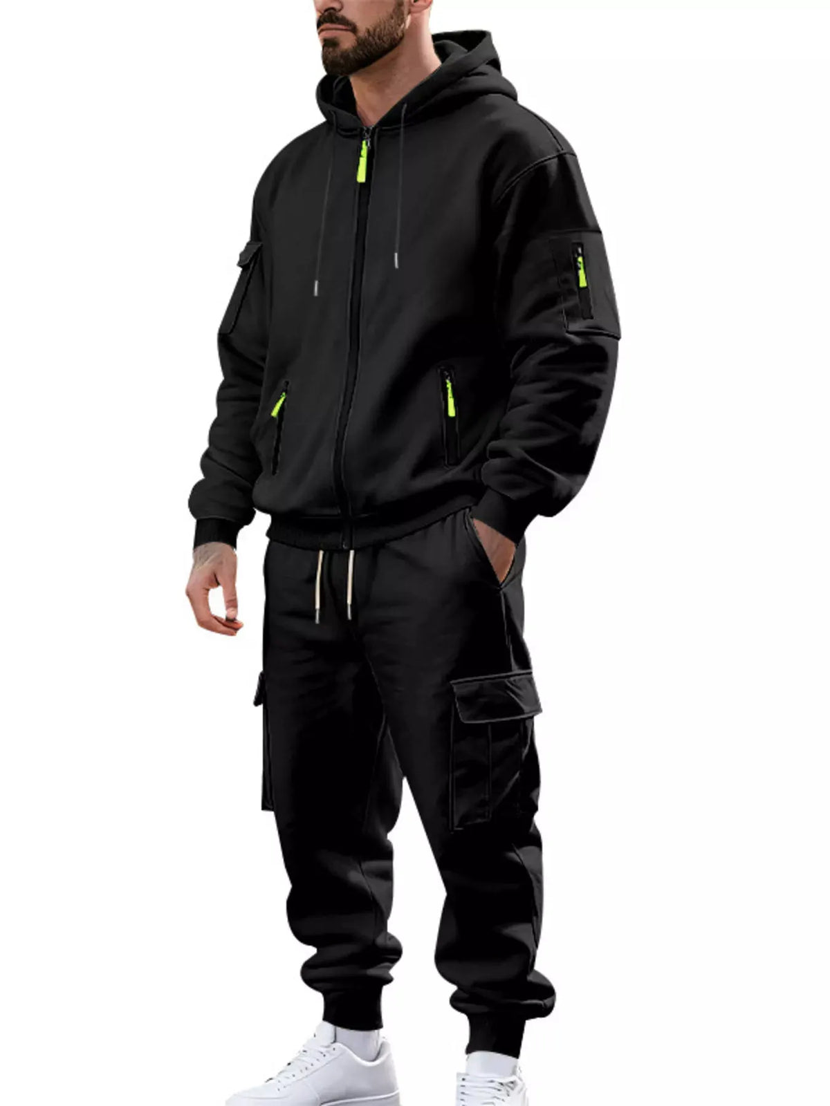 Men's Plus Size Casual Zip-Up Hoodie and Cargo Pants Set by Partner Label