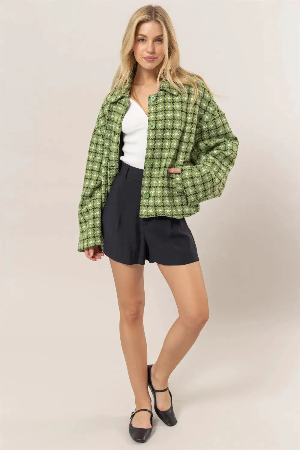 HYFVE Tweed Plaid Button Up Collared Neck Jacket by HYFVE