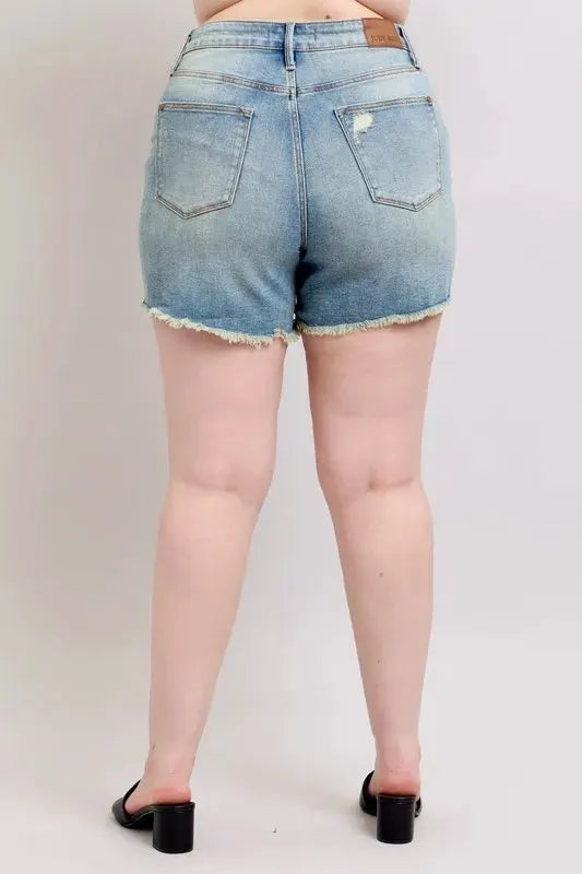 Judy Blue Plus Size High Rise Washed Fly Stitch Detail and Destroy Denim Shorts by Judy Blue