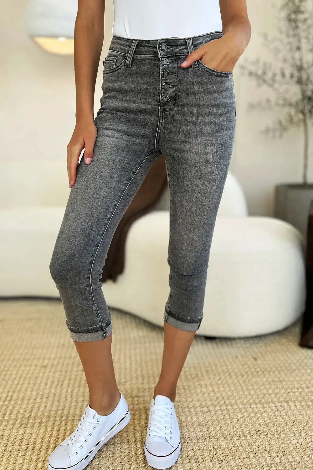 Judy Blue Full Size Button Fly High Waist Cuffed Capris by Judy Blue