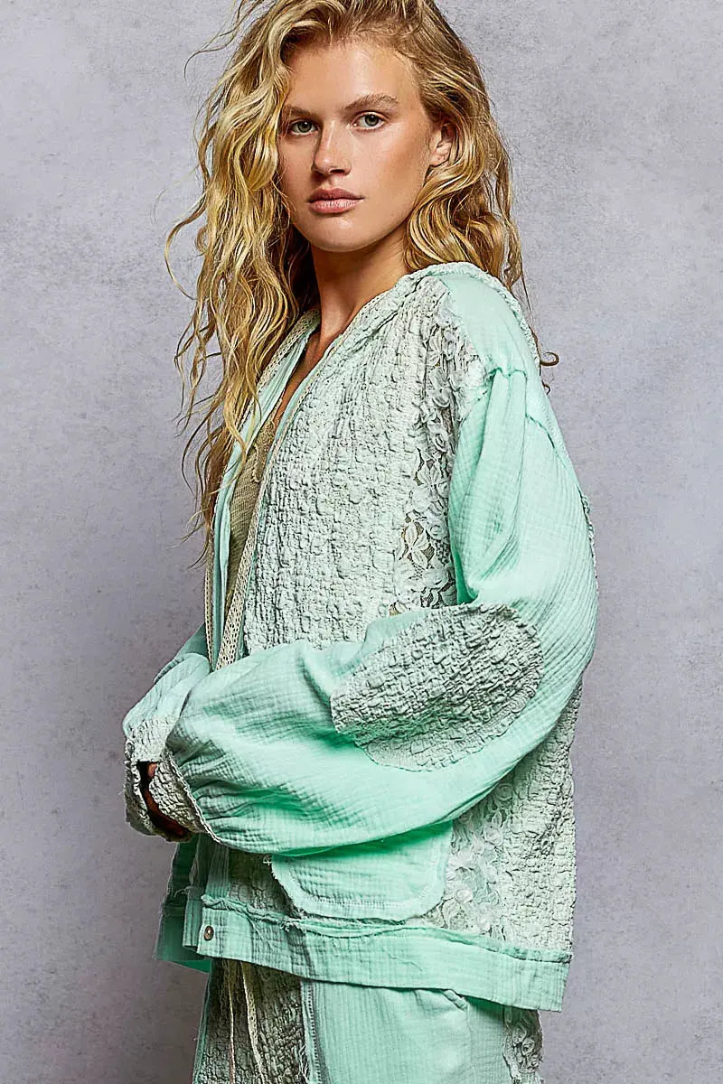 POL Exposed Seam Button Down Hooded Jacket with Lace Detail by POL