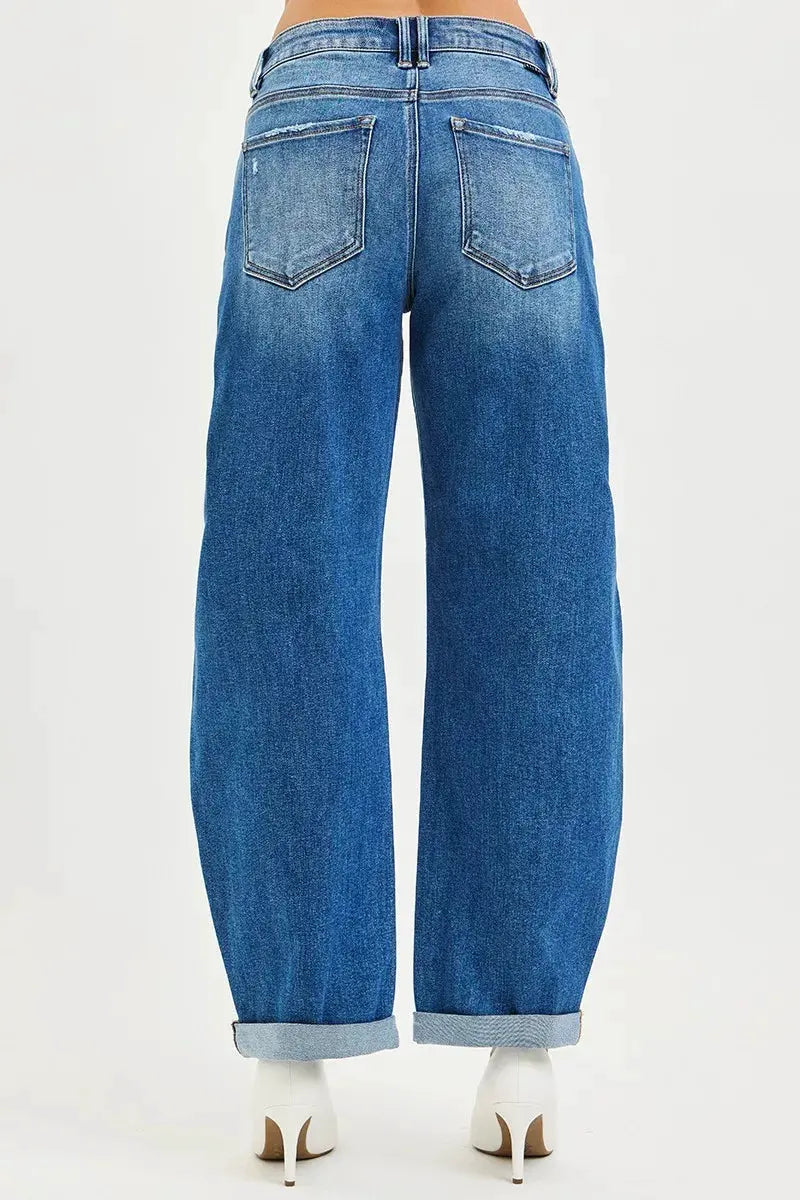 RISEN Full Size Mid Rise Barrel Double Roll Up Jeans Plus Size by RISEN