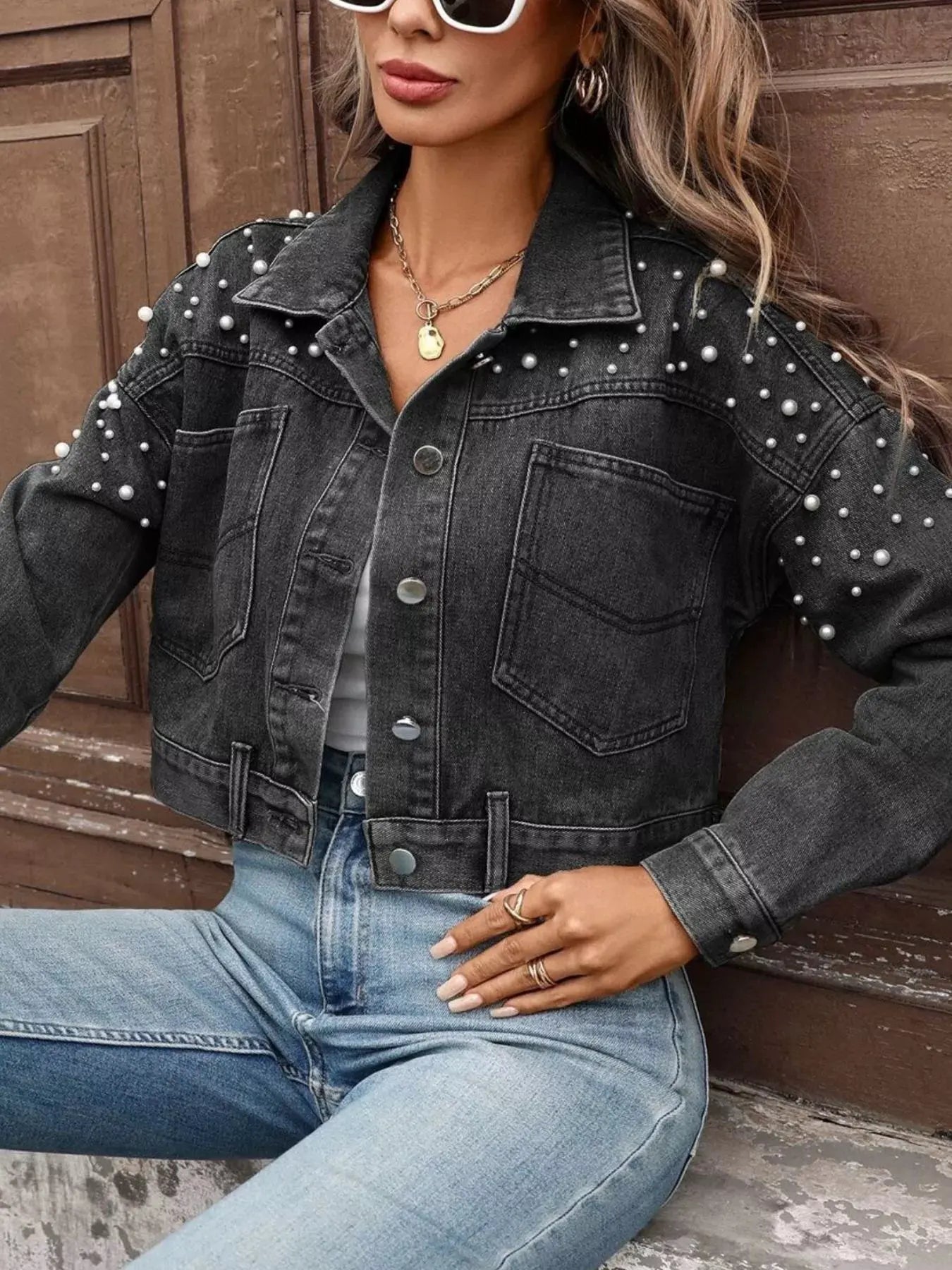 Pearl Embellished Cropped Denim Jacket by Partner Label
