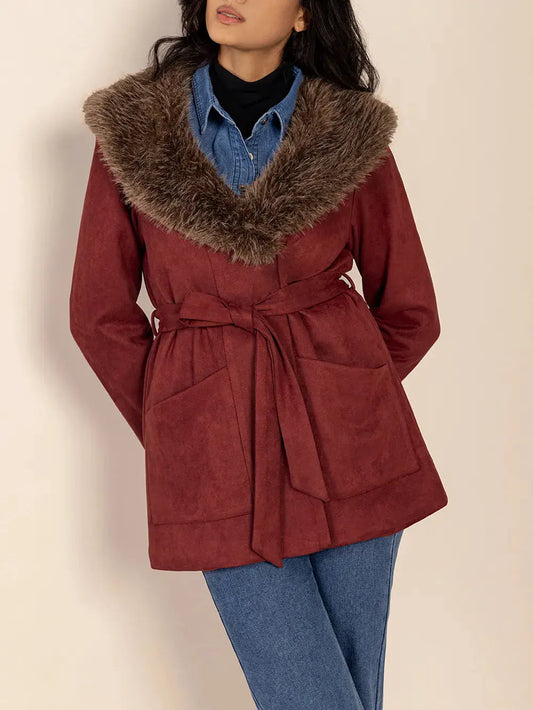 Fuzzy Collared Neck Tie Waist Jacket by Partner Label