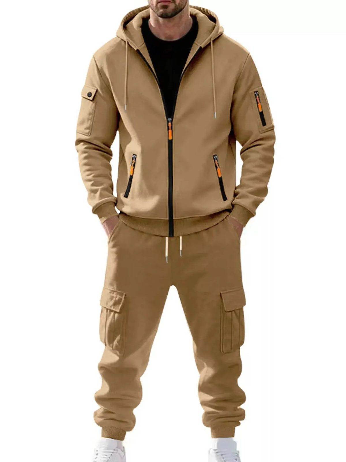 Men's Plus Size Casual Zip-Up Hoodie and Cargo Pants Set by Partner Label