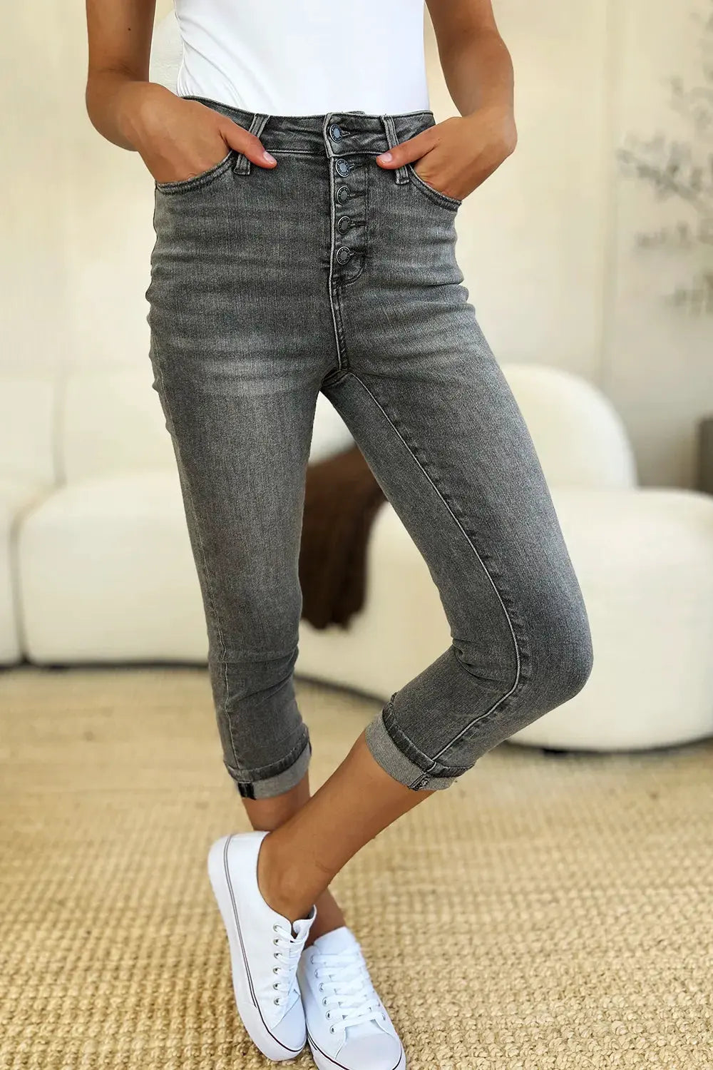 Judy Blue Full Size Button Fly High Waist Cuffed Capris by Judy Blue
