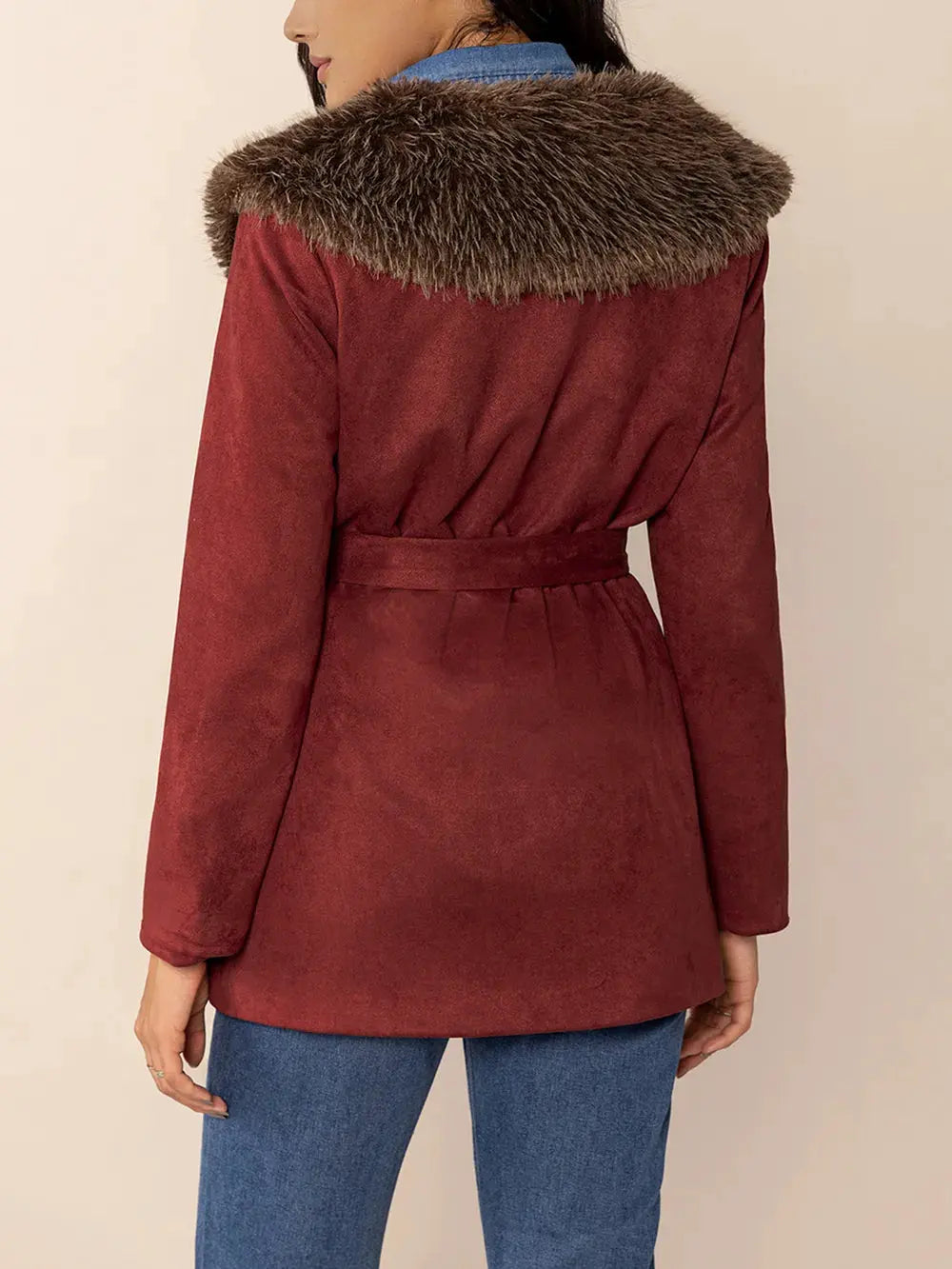Fuzzy Collared Neck Tie Waist Jacket by Partner Label