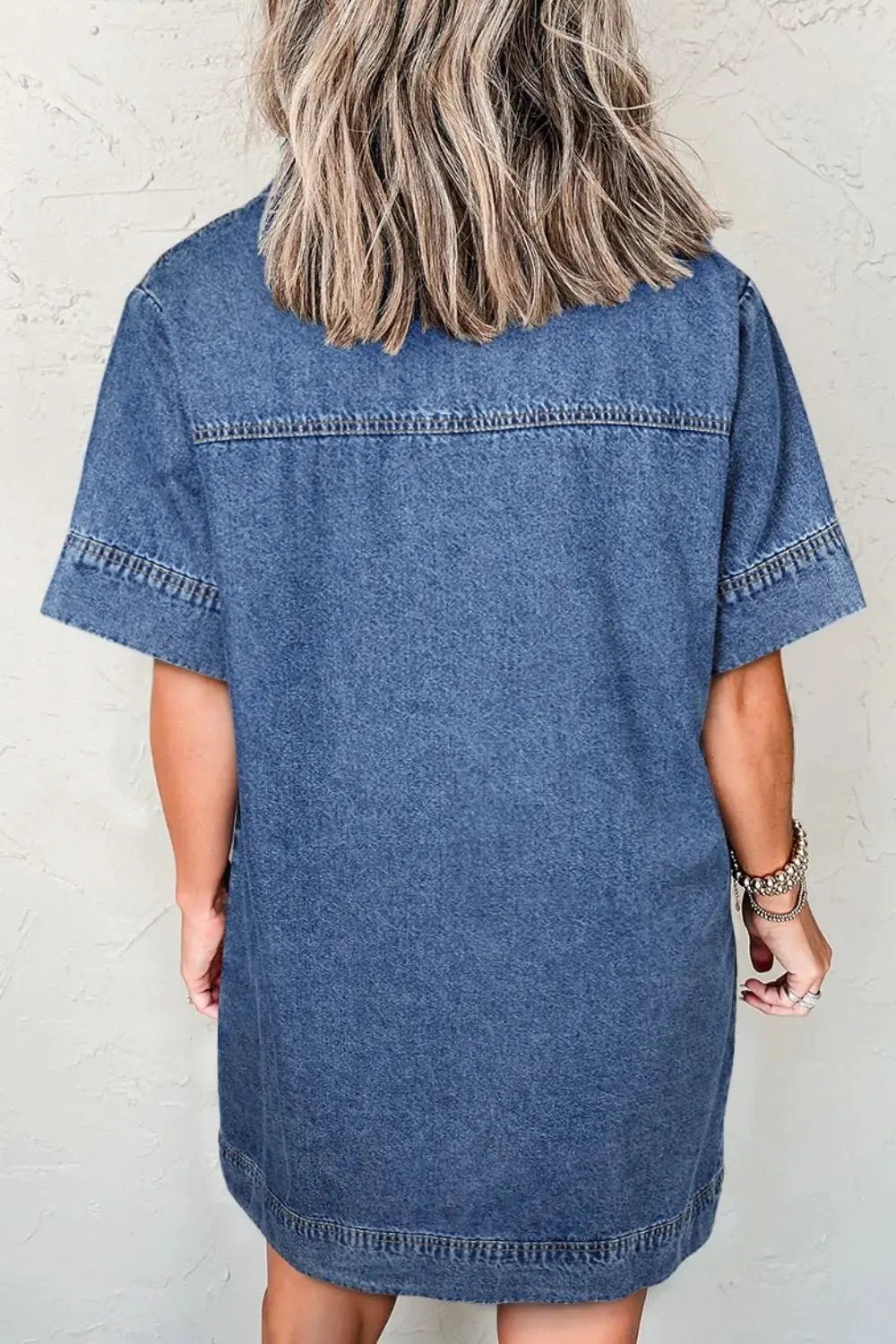 Short Sleeve Collared Patched Pocket Denim Mini Dress by Partner Label