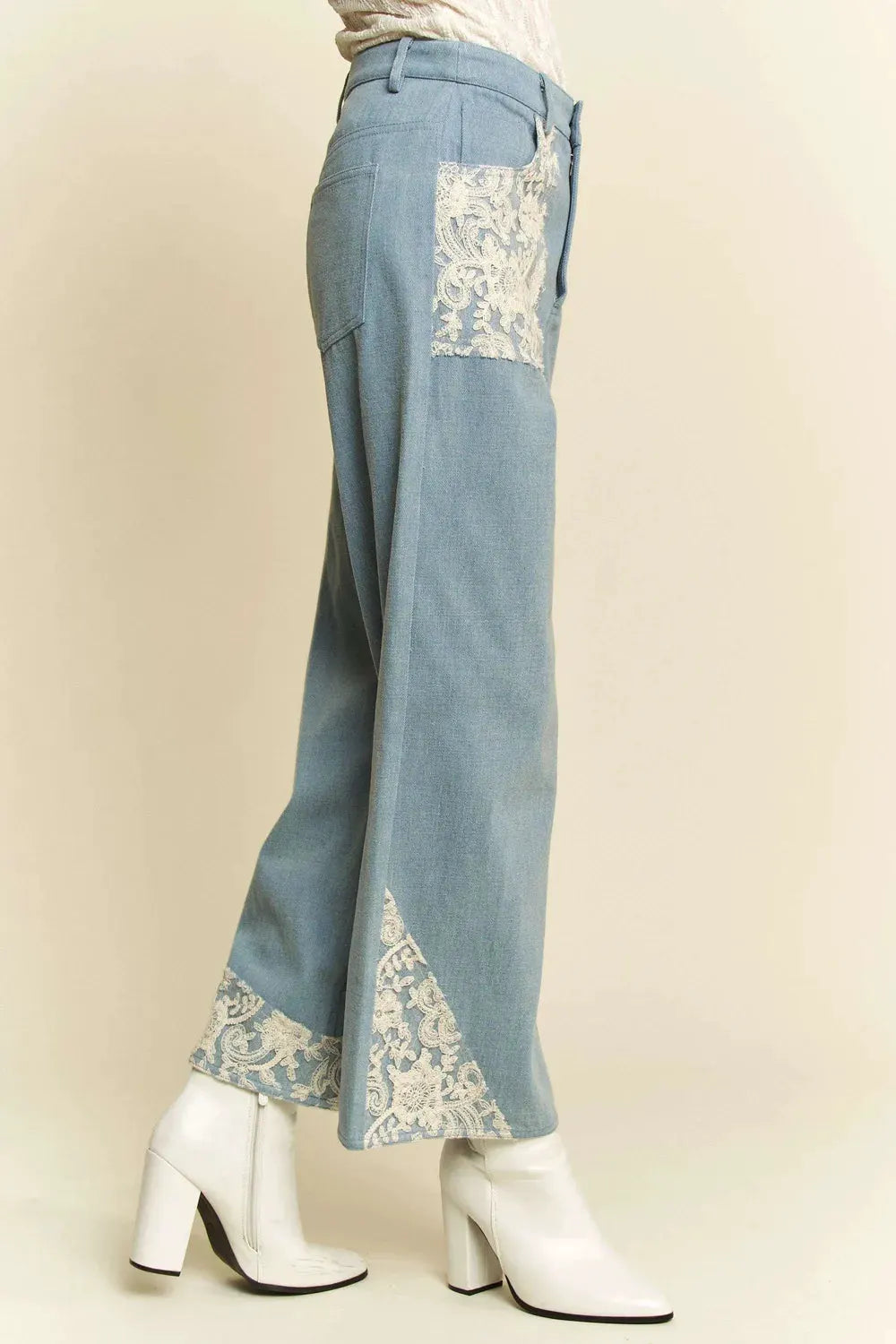 Davi & Dani Lace Applique Wide Leg Jeans by Davi & Dani