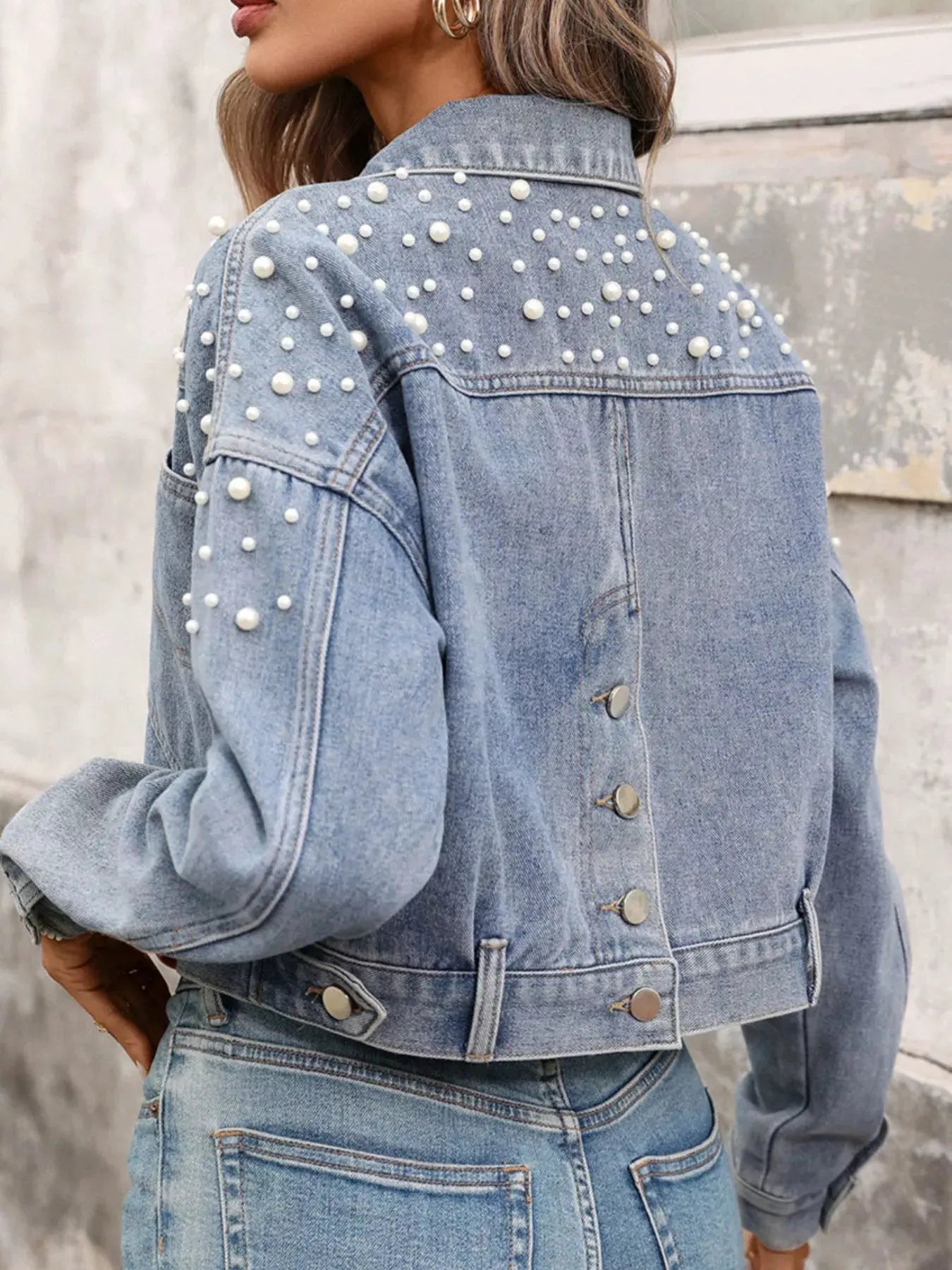 Pearl Embellished Cropped Denim Jacket by Partner Label