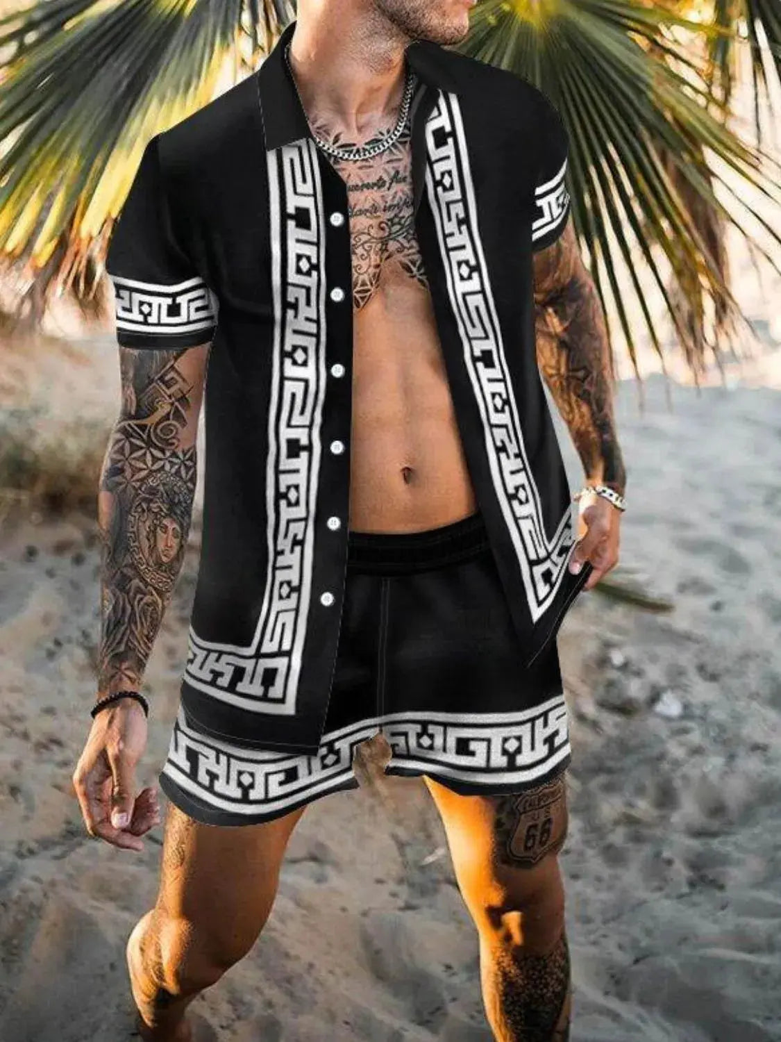 Men's Full Size Printed Button Up Top and Shorts Set Plus Size by Trendsi