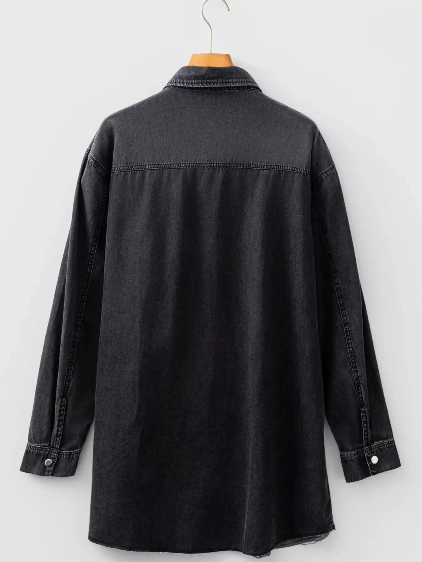 Chest Pocket Raw Hem Denim Loose Shirt Dress by Partner Label