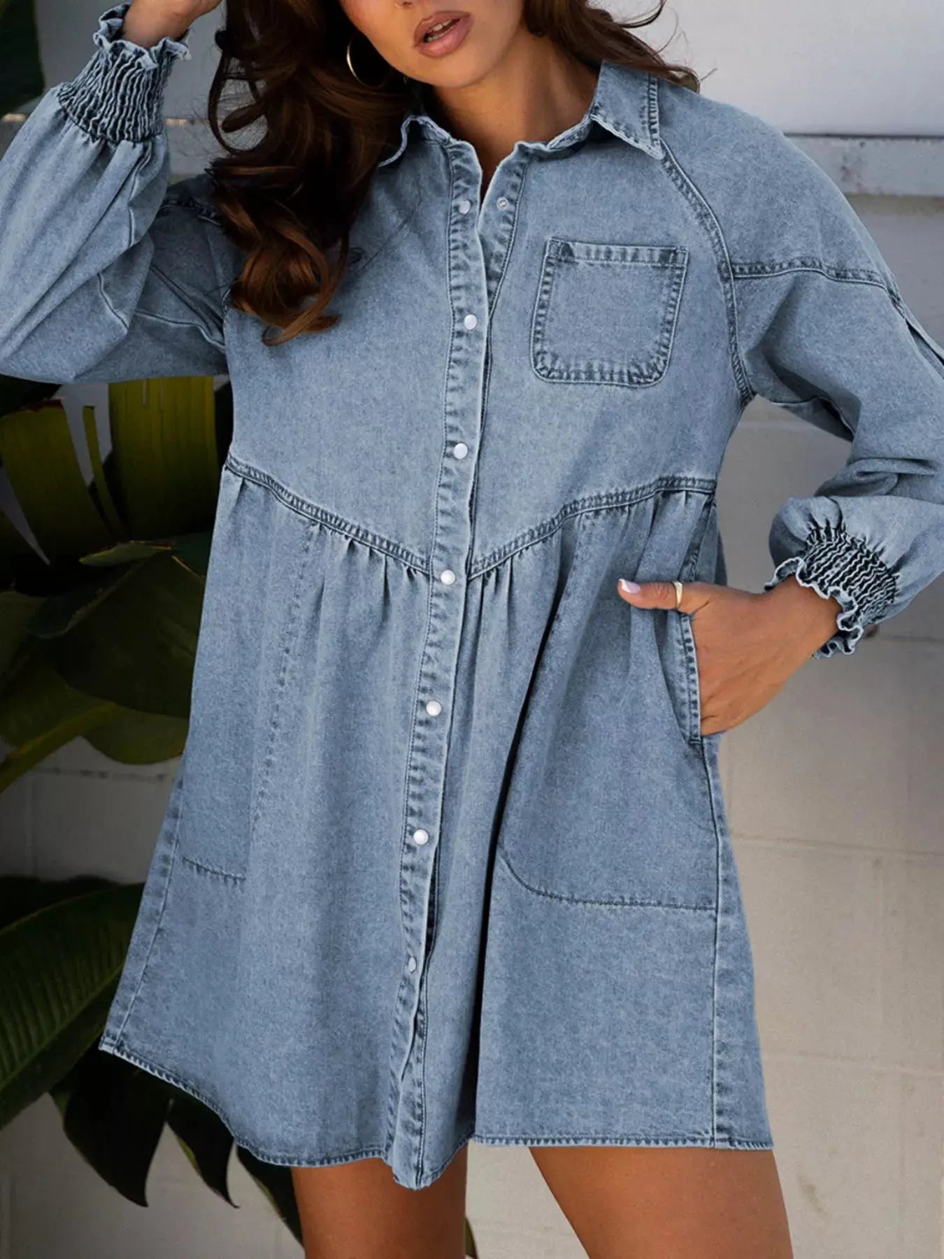 Smocked Cuffs Flared Denim Shirt Mini Dress by Partner Label