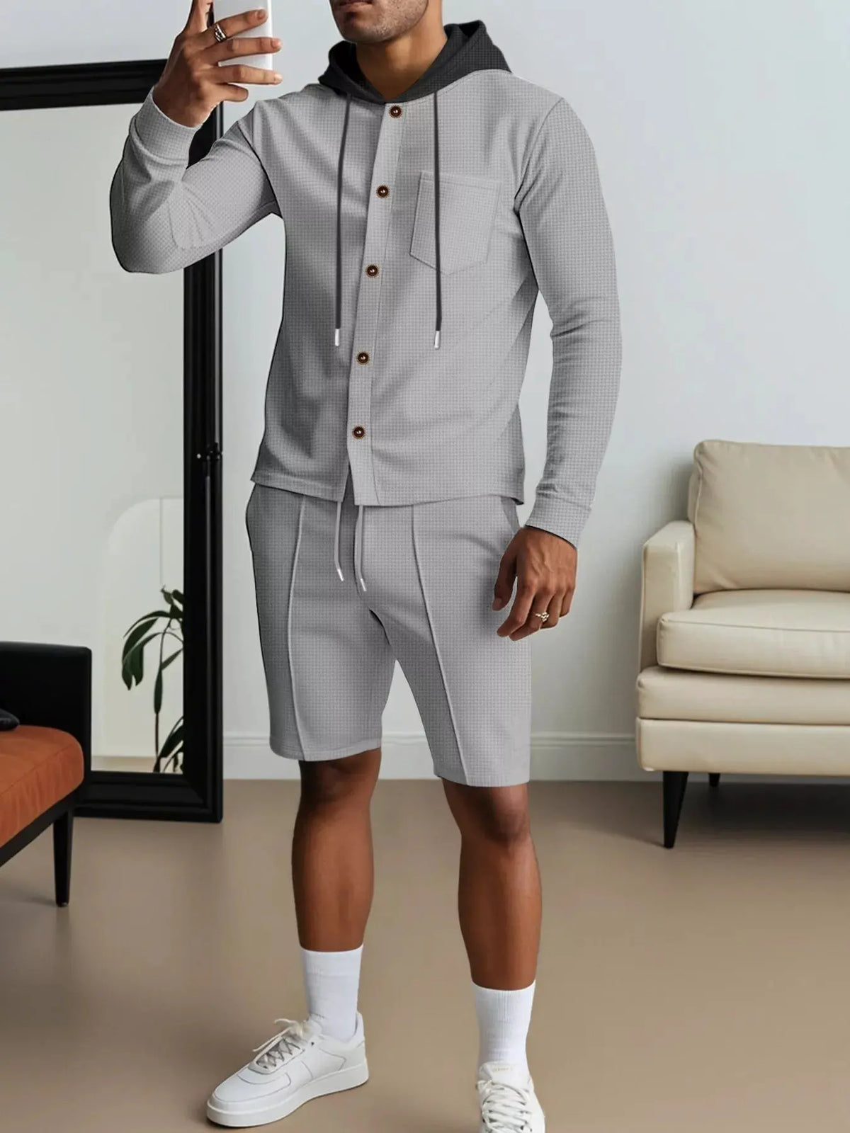 Men's Full Size Casual Hooded Button-Up Top and Shorts Set Plus Size by Trendsi
