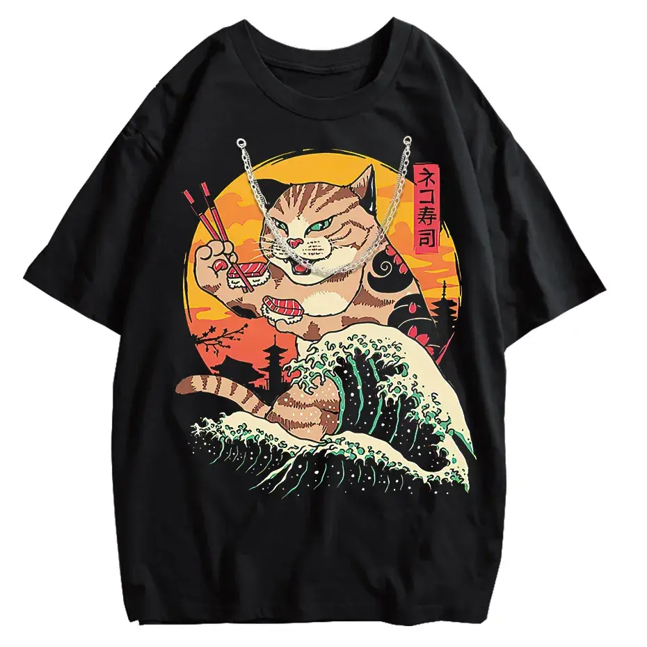 Japanese Genki Cat Anime Print Men's T-Shirt Casual O-Neck by Vimost Shop