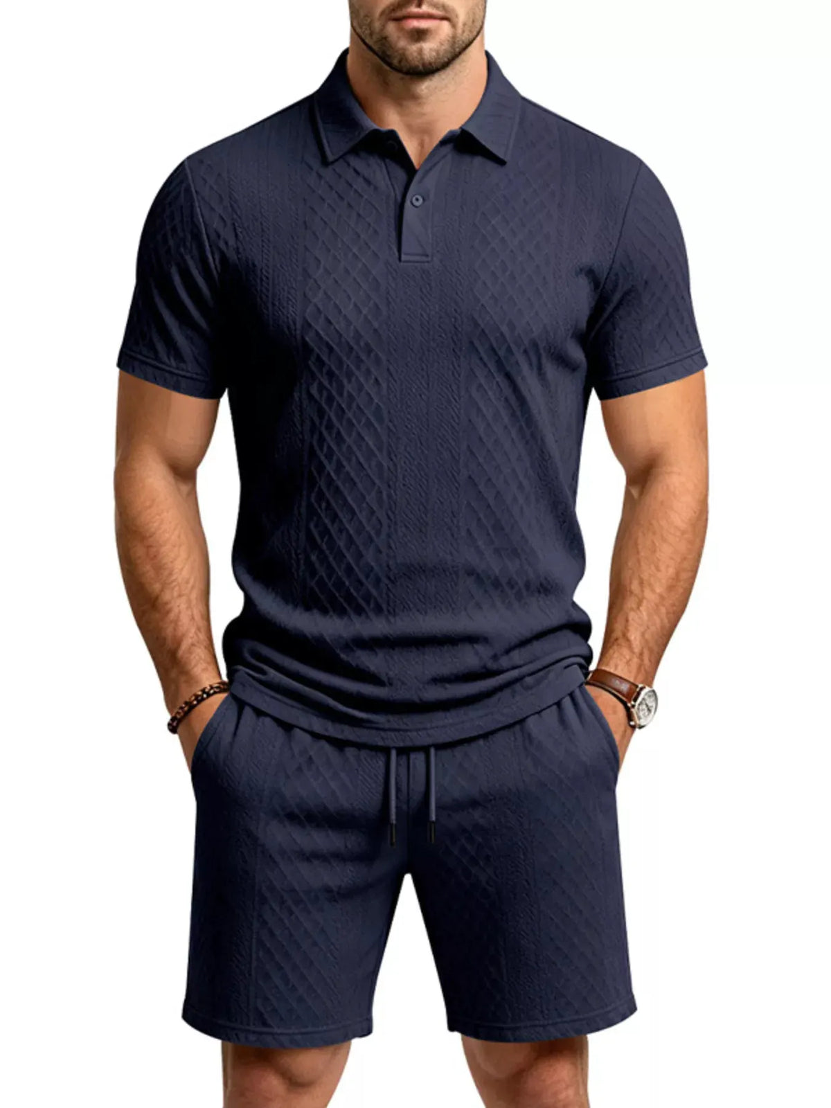 Men's Full Size Textured Short Sleeve Polo and Shorts Set Plus Size by POL
