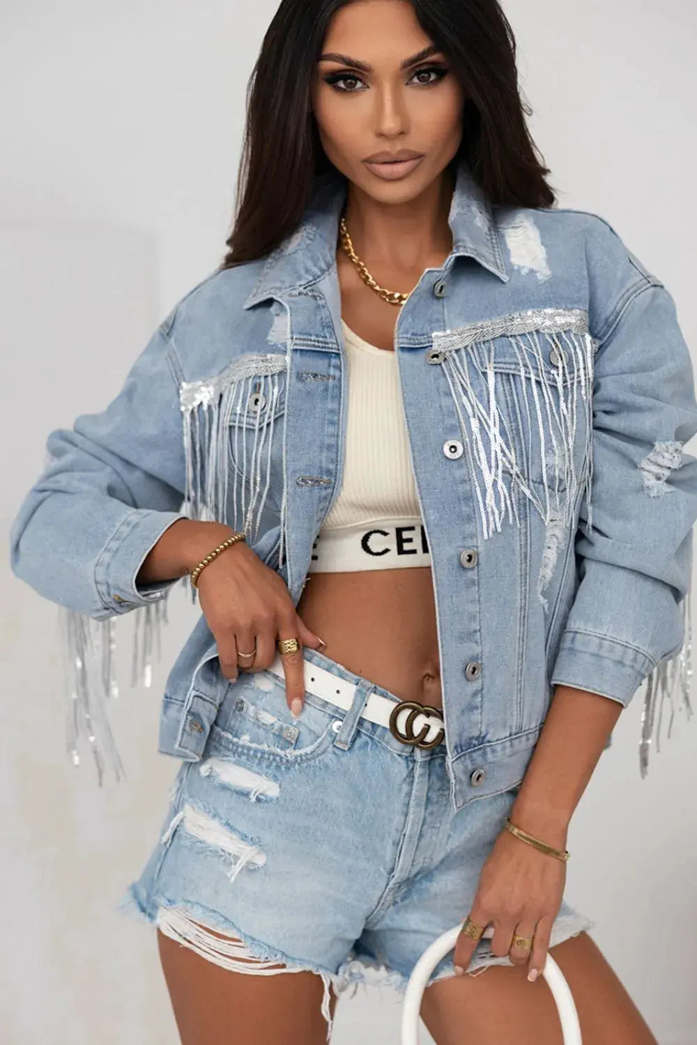 Sequin Fringe Trim Distressed Button Up Denim Jacket by Partner Label