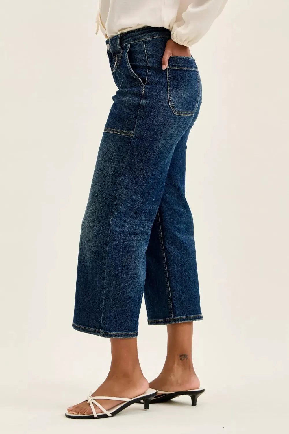 Judy Blue High Waist Wide Crop Utility Jeans with Patch Pocket by Judy Blue