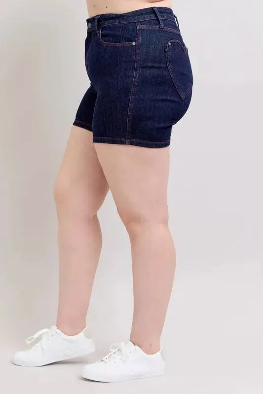 Judy Blue Plus Size HW Heart Shaped Pkts & Red Contrast Thread Denim Shorts by Judy Blue