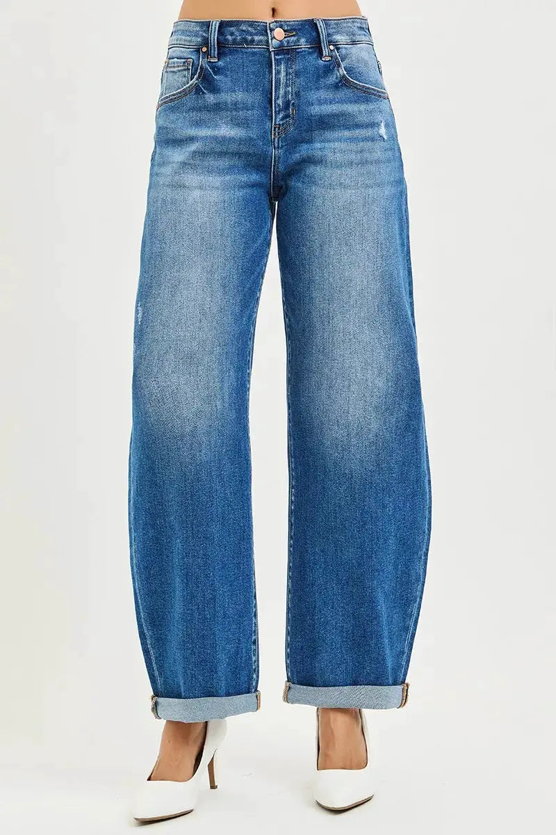 RISEN Full Size Mid Rise Barrel Double Roll Up Jeans Plus Size by RISEN