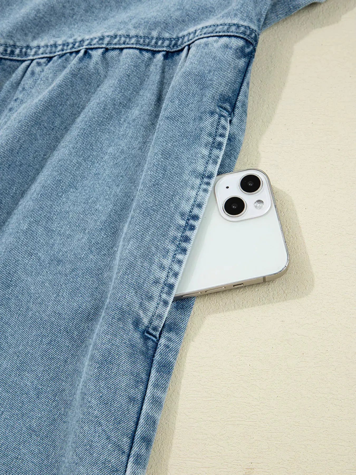 Smocked Cuffs Flared Denim Shirt Mini Dress by Partner Label