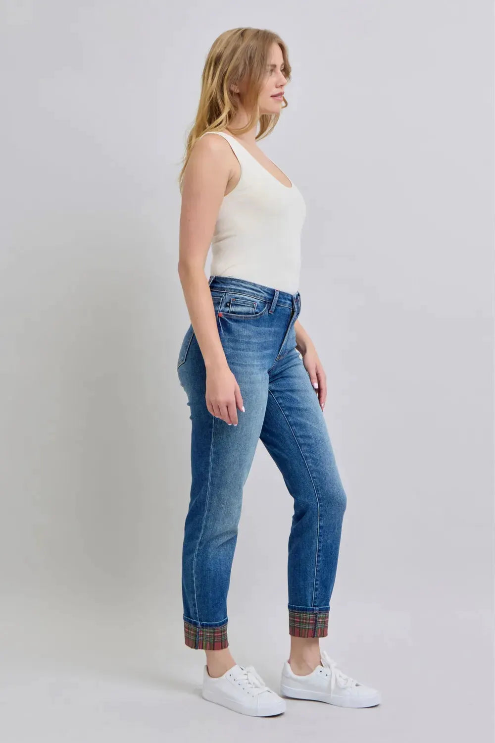 Judy Blue Full Size Plaid Print Cuff Straight Leg Jeans with Pockets by Judy Blue