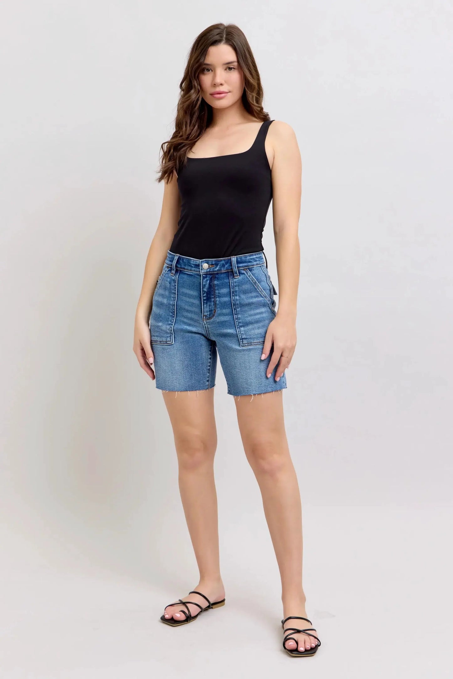 Judy Blue Full Size Mid Rise Bermudas Denim Shorts W/ Back Flap Pockets Plus Size by Judy Blue