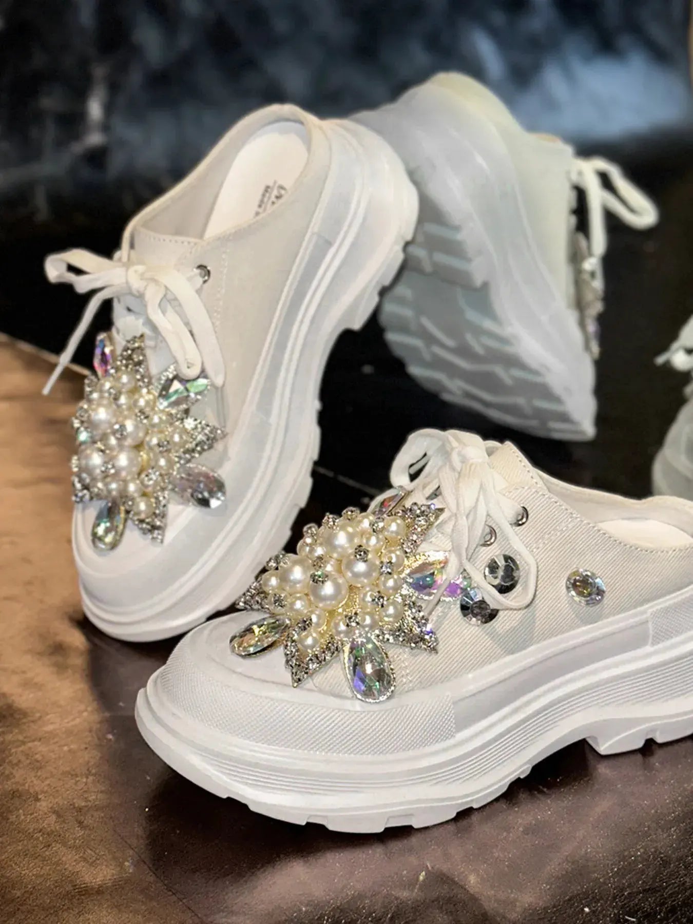 Pearl Embellished Platform Slip-Ons by Partner Label