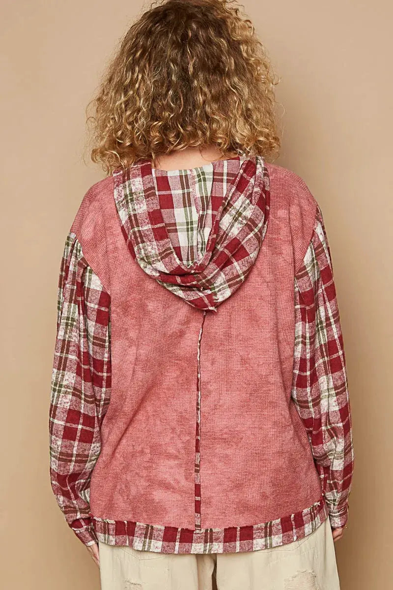 POL Star Patch Plaid Long Sleeve Hooded Top by POL