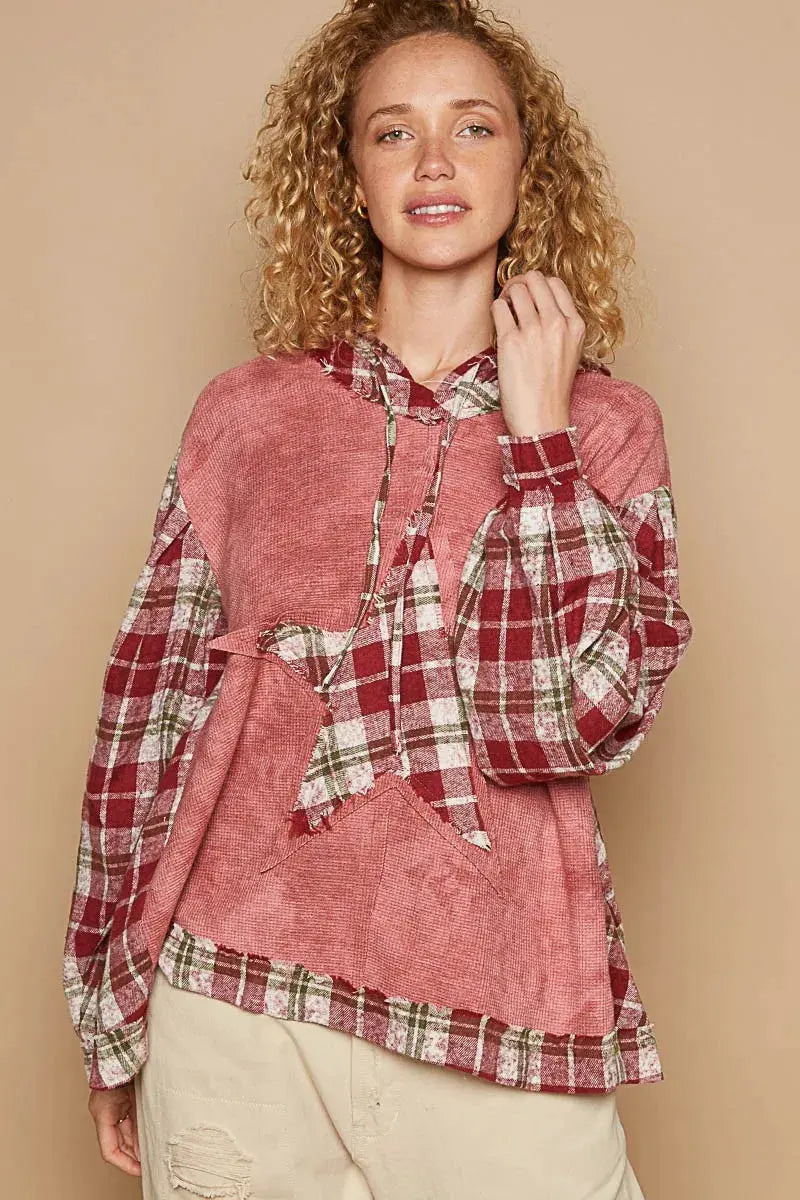 POL Star Patch Plaid Long Sleeve Hooded Top by POL