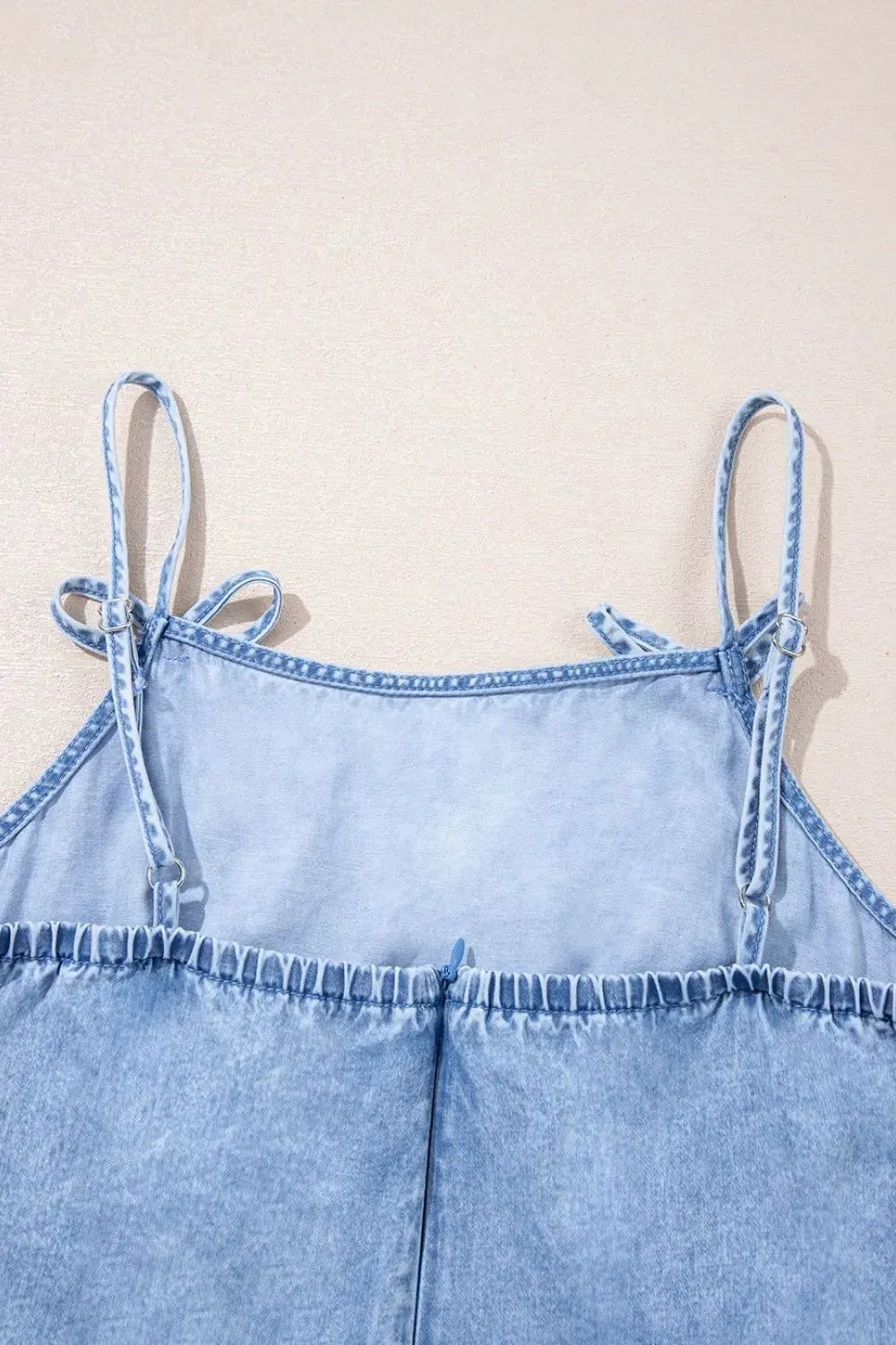 Bow Detail Spaghetti Straps Ruffle Hem Denim Dress by Partner Label