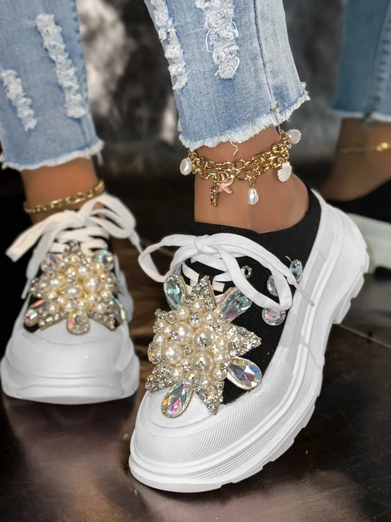 Pearl Embellished Platform Slip-Ons by Partner Label