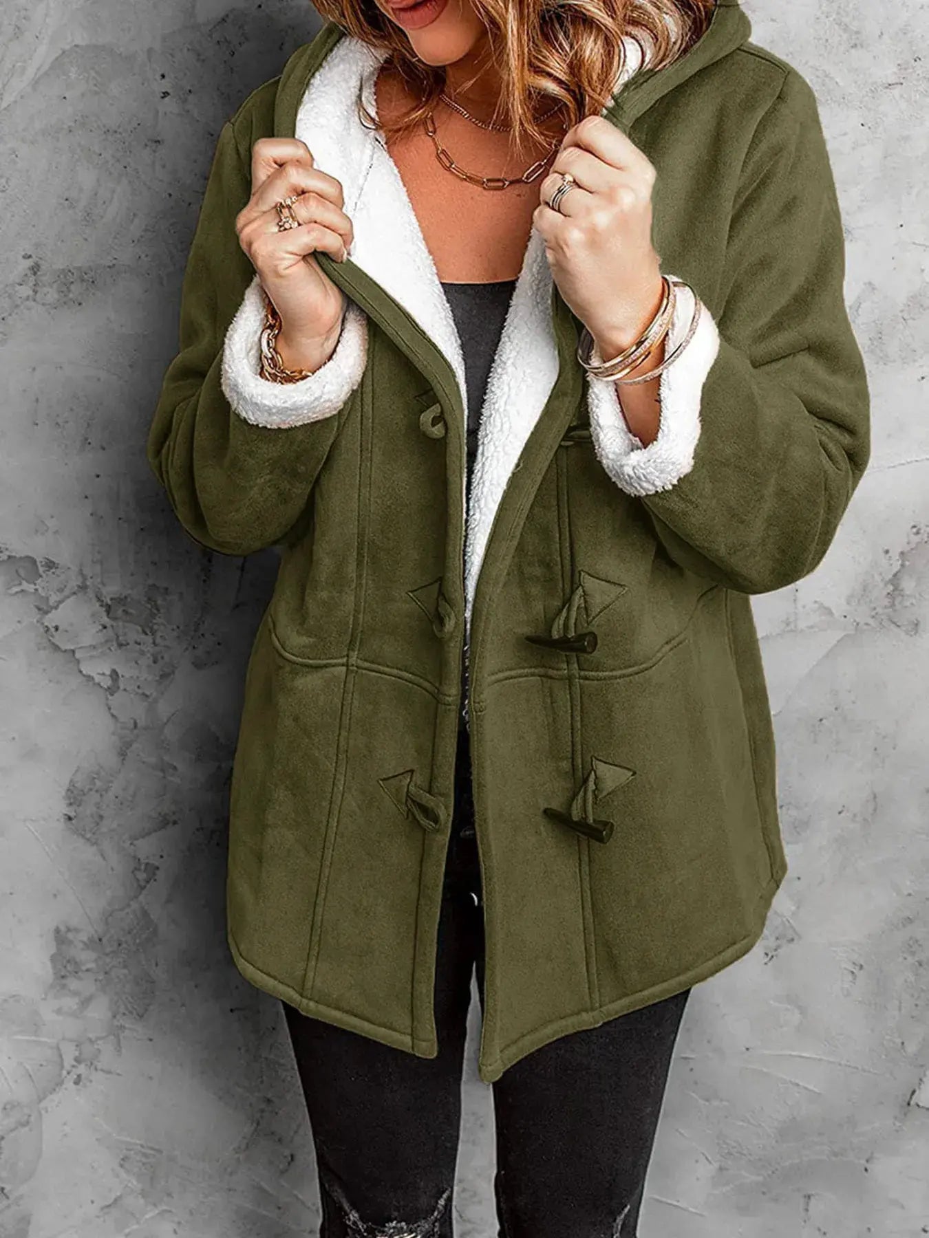 Full Size Cozy Sherpa Lined Toggle Coat with Hood Plus Size | Partner Labels Selection by Partner Label