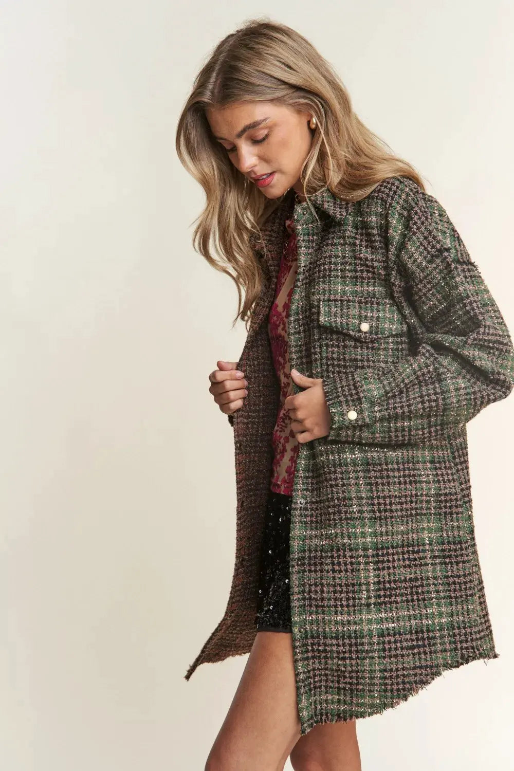 J.NNA Snap Down Tweed Plaid Contrast Longline Shacket by Partner Label
