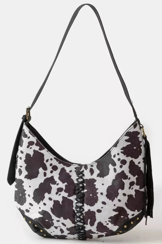 Fame Cow Print Hobo Shoulder Bag with Studded Details by Fame