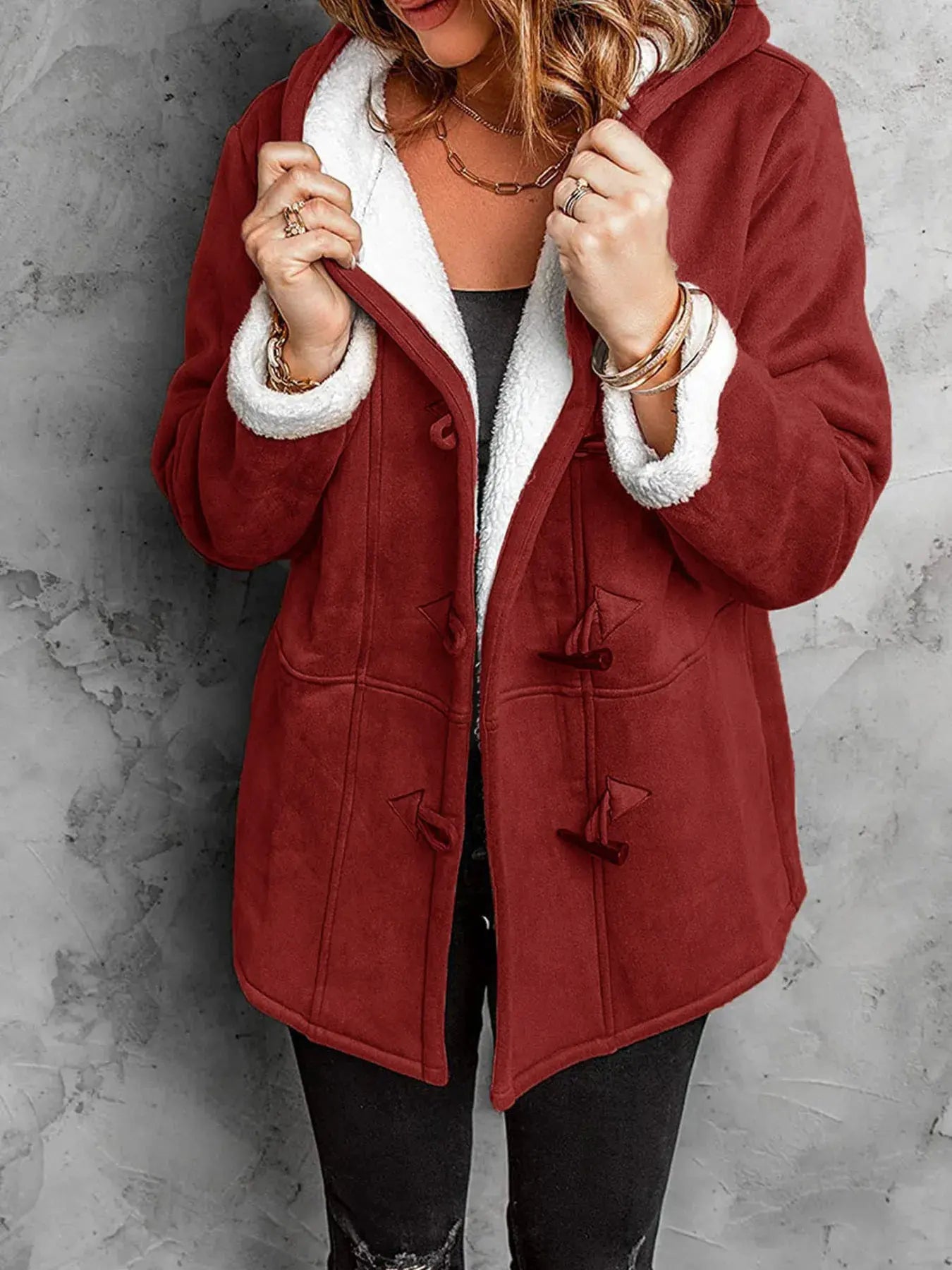 Full Size Cozy Sherpa Lined Toggle Coat with Hood Plus Size | Partner Labels Selection by Partner Label