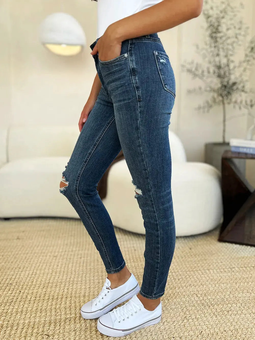 Judy Blue Full Size Mid Waist Distressed Slim Jeans by Judy Blue