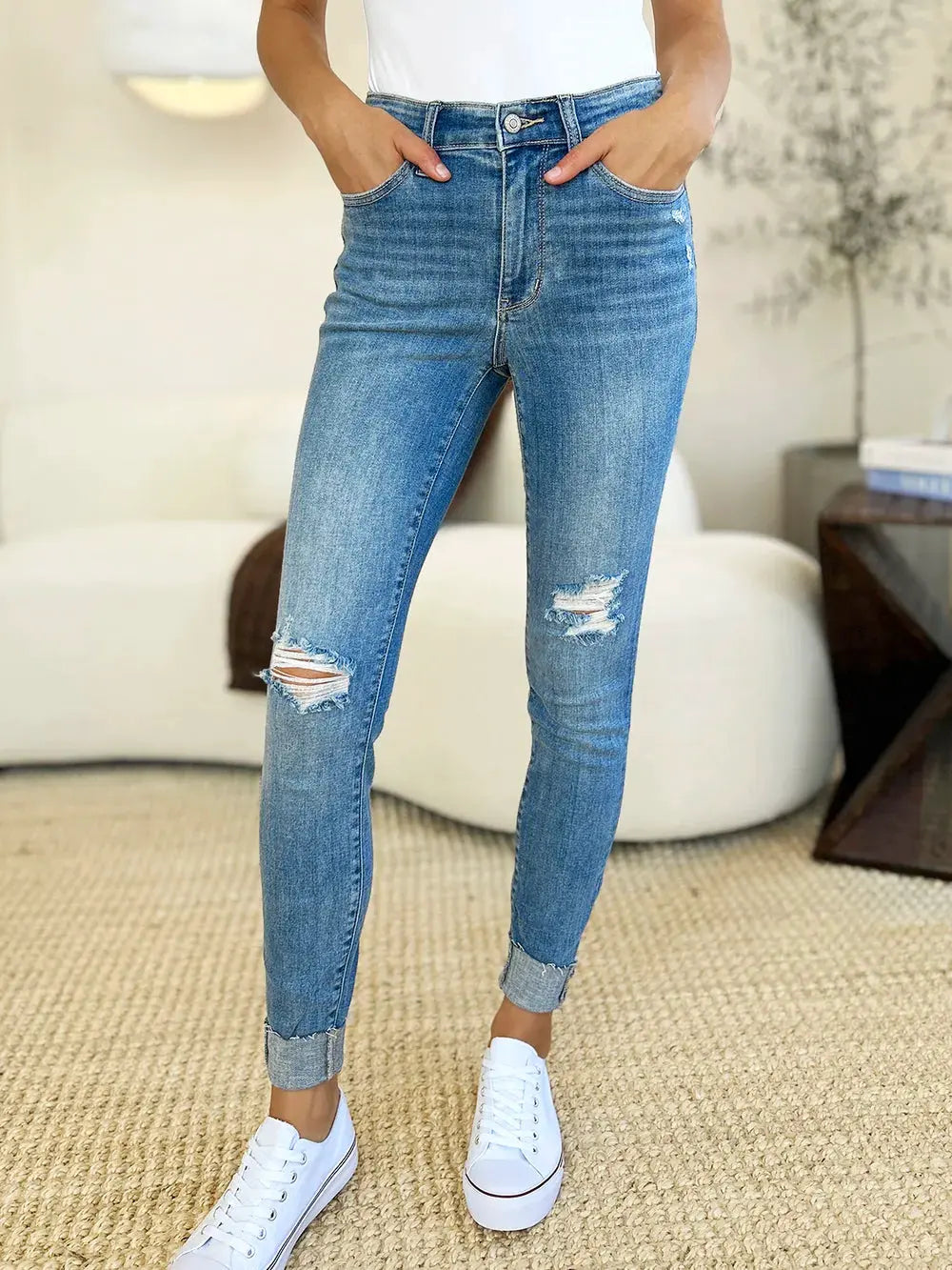 Judy Blue Full Size Mid Rise Destroy & Cuff Skinny Jeans by Judy Blue