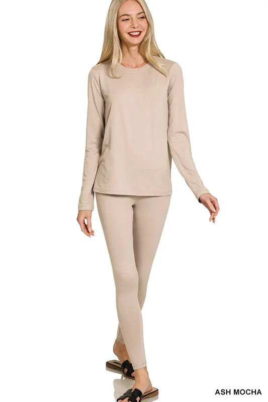 Zenana Microfiber Round Neck Top and Leggings Set by Zenana