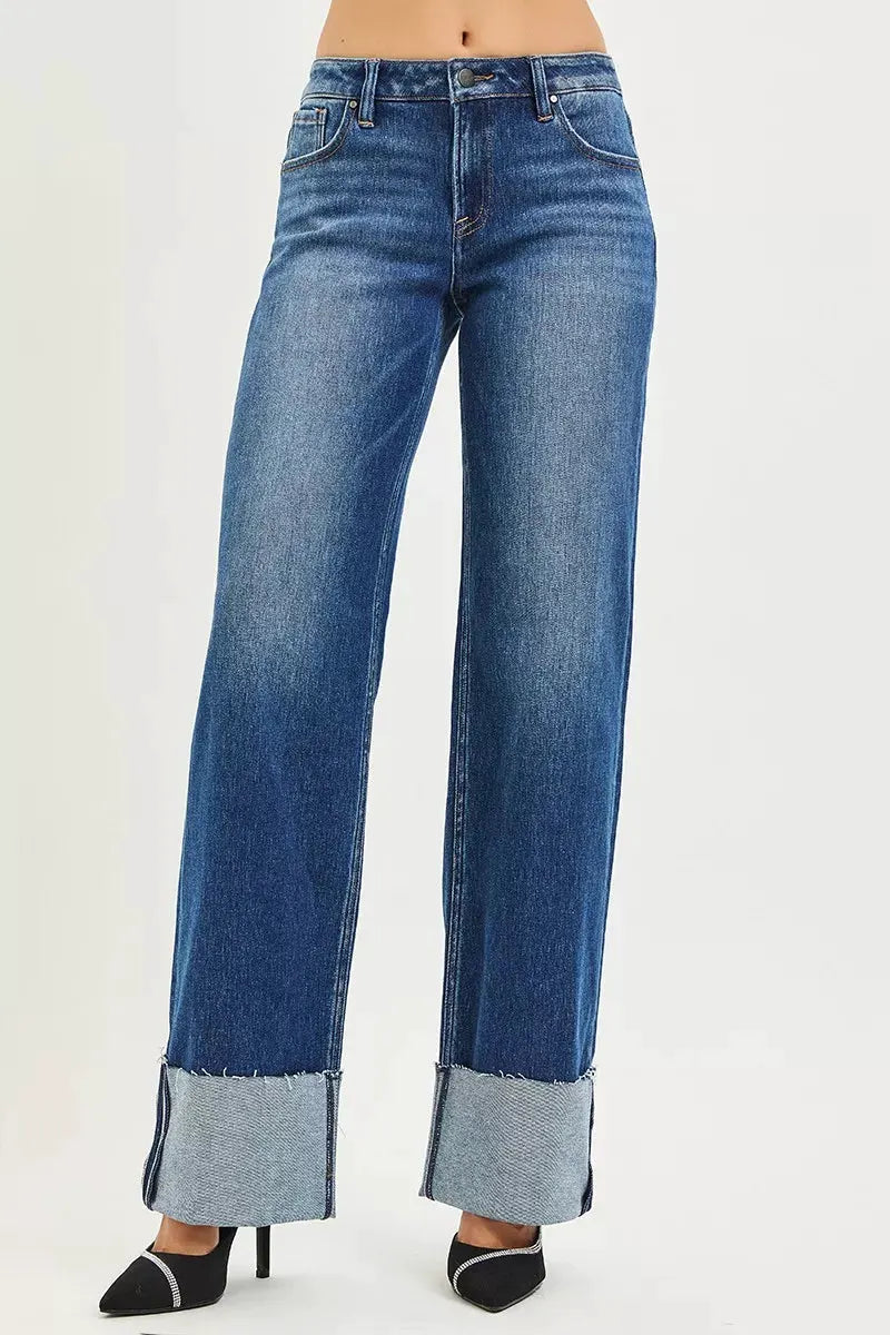 RISEN Mid Rise Wide Straight Jeans With Wide Cuff by RISEN