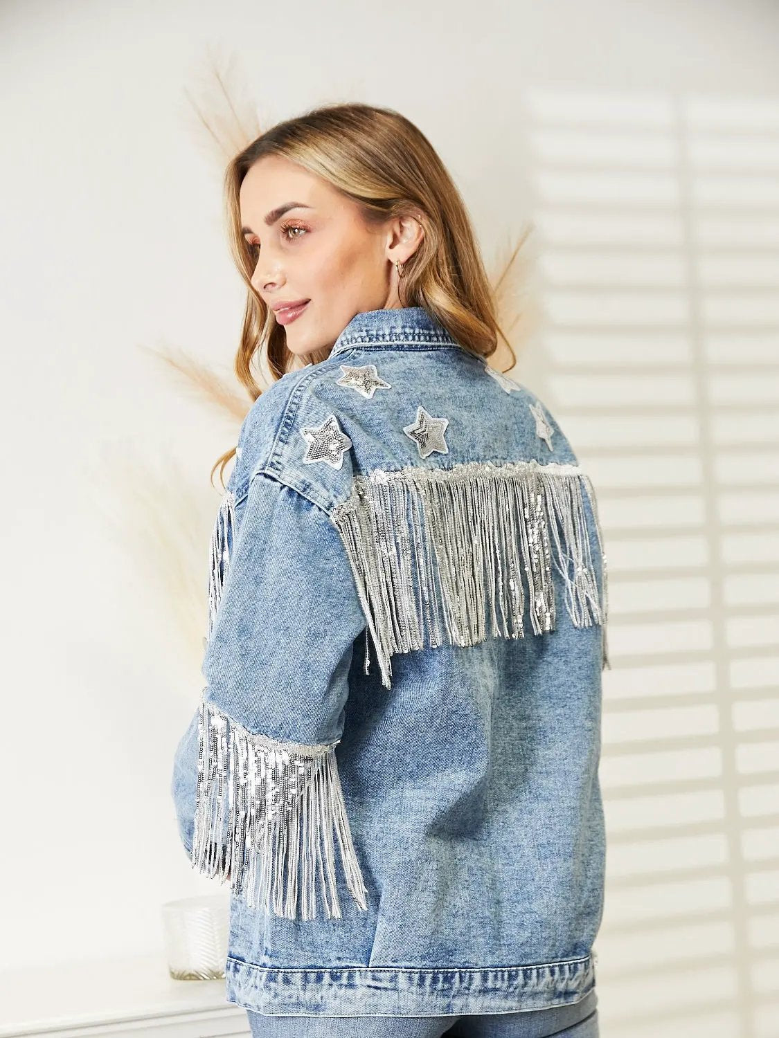 Fringe Detail Long Sleeve Denim Jacket by Partner Label