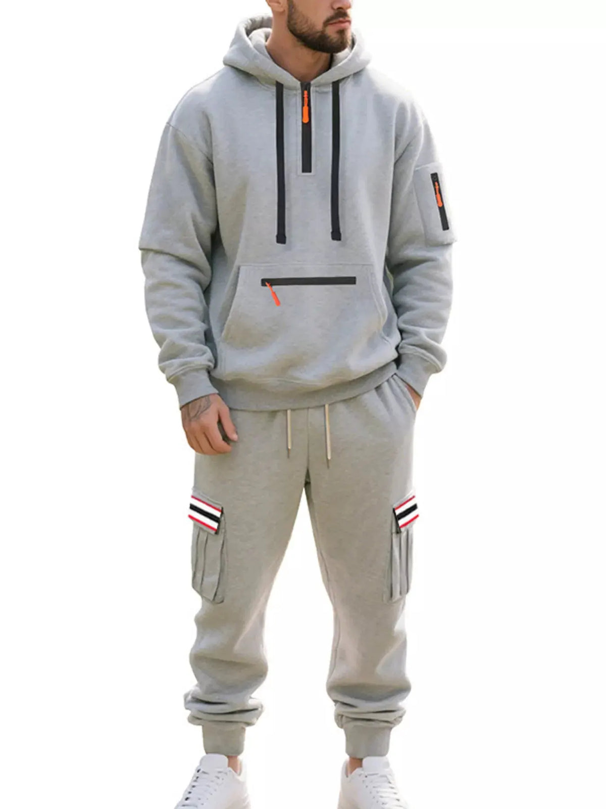 Men's Full Size Casual Half-Zip Hoodie and Cargo Pants Set Plus Size by Trendsi