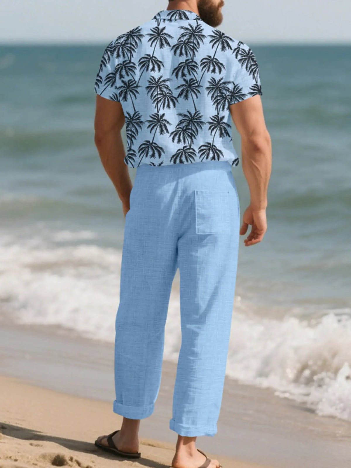 Men's Full Size Tropical Palm Print Button Up Shirt and Pants Set Plus Size by Trendsi