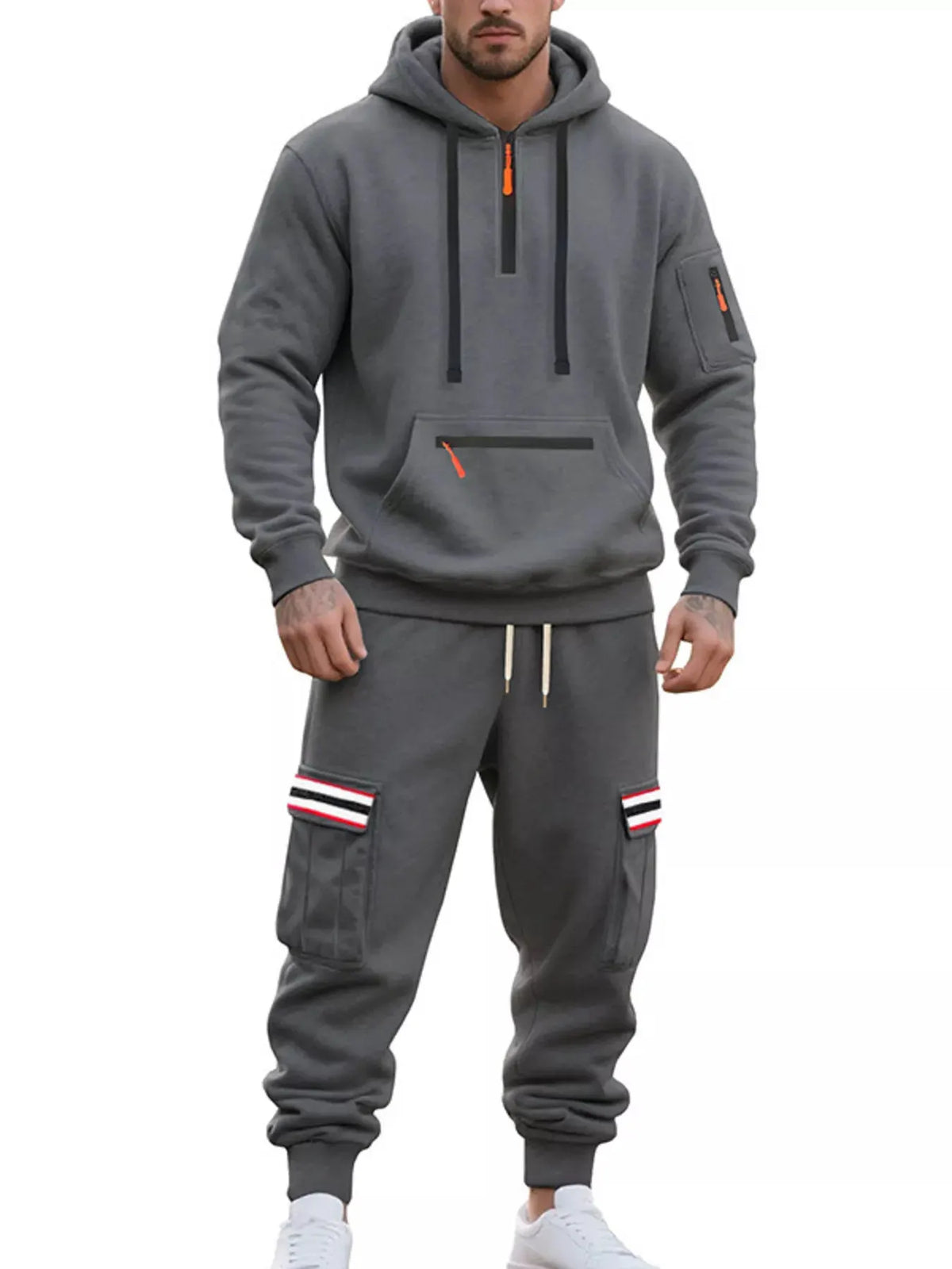 Men's Full Size Casual Half-Zip Hoodie and Cargo Pants Set Plus Size by Trendsi