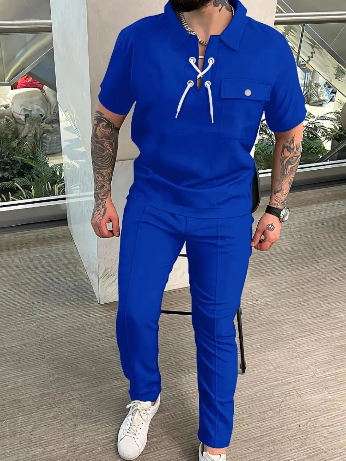 Men's Full Size Lace Up Short Sleeve Top and Pants Plus Size by Trendsi