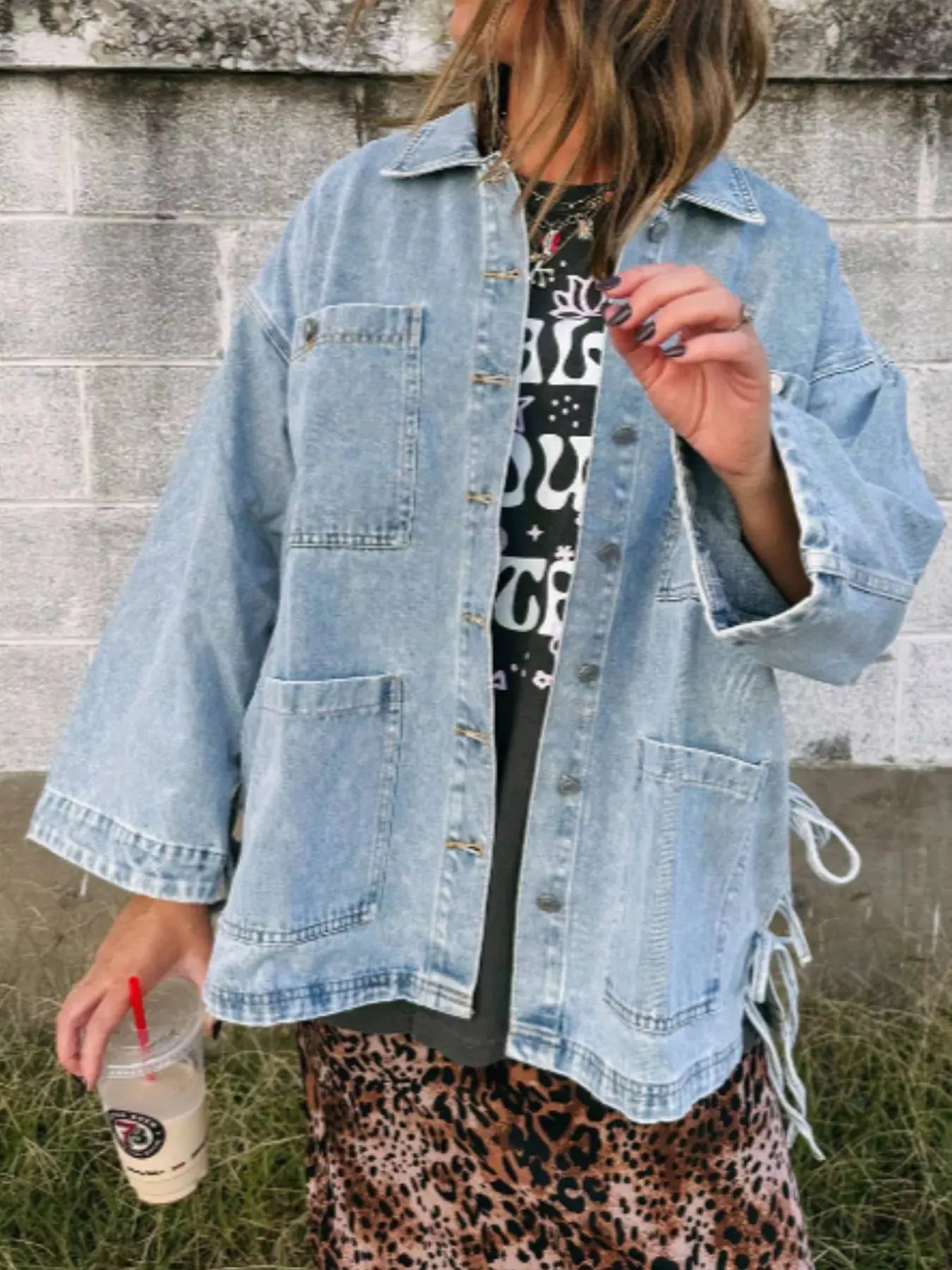 Patched Pockets Side Tie Denim Jacket by Partner Label