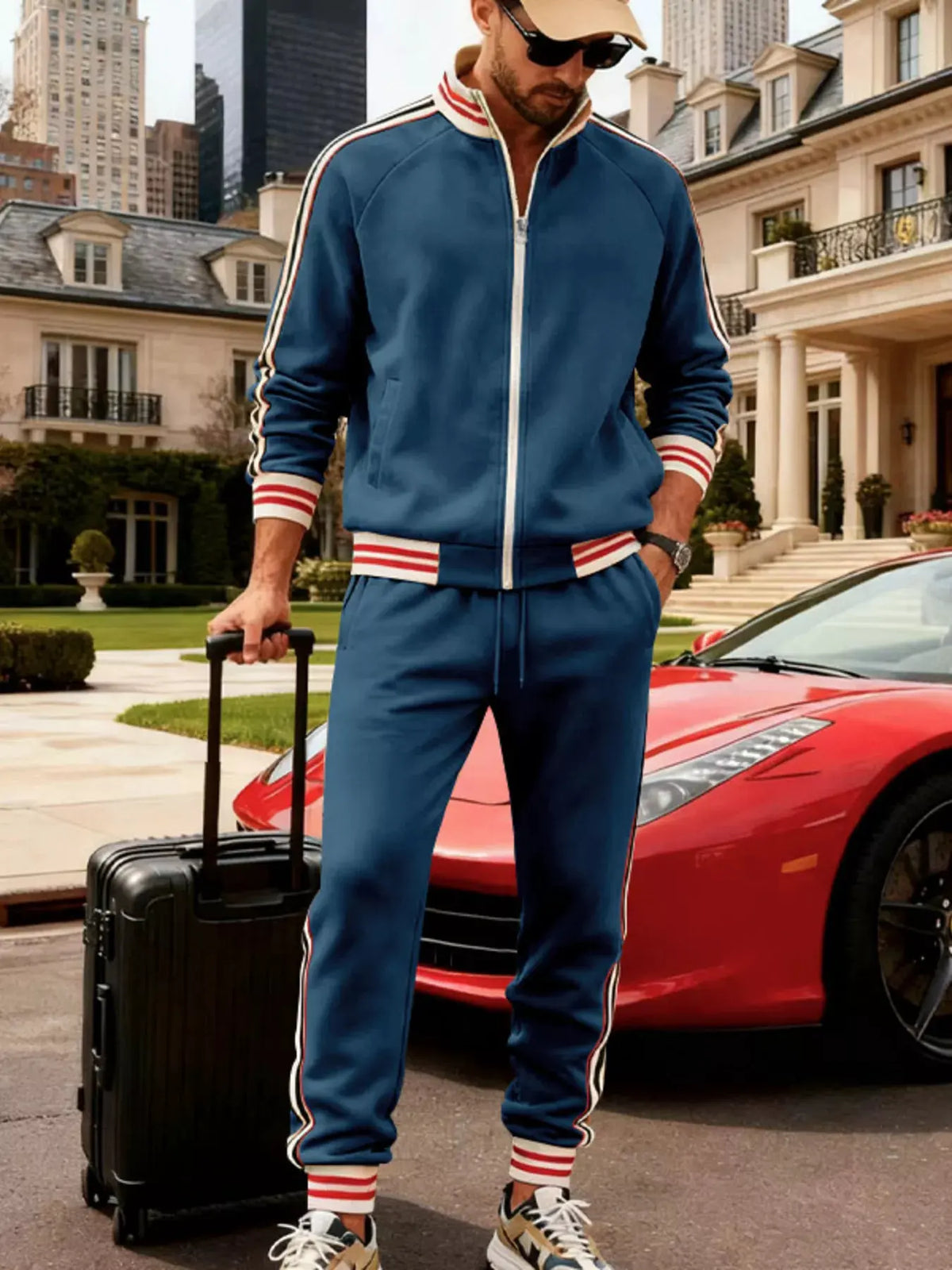 Men's Full Size Striped Zip Up Outerwear and Pants Plus Size by Partner Label