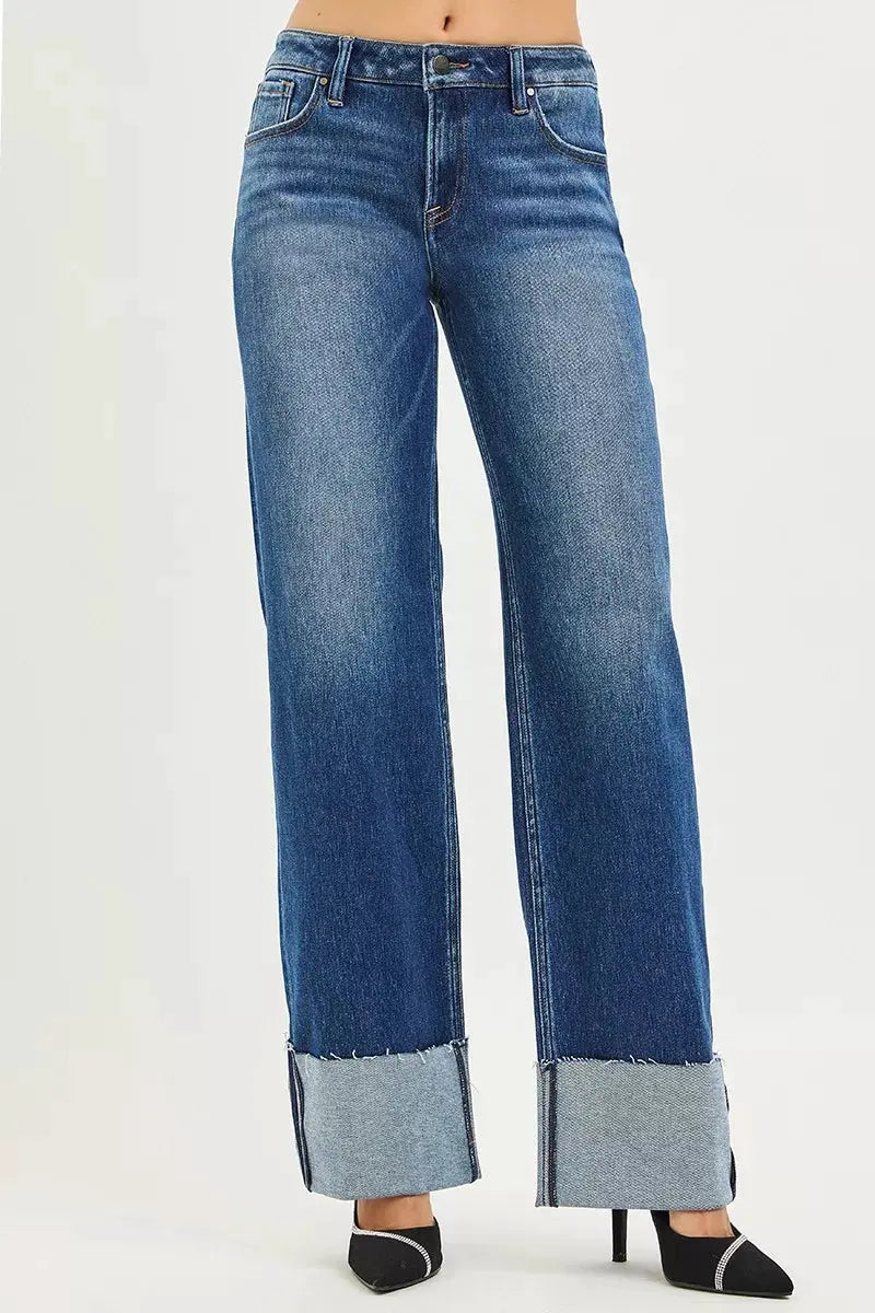 RISEN Mid Rise Wide Straight Jeans With Wide Cuff by RISEN