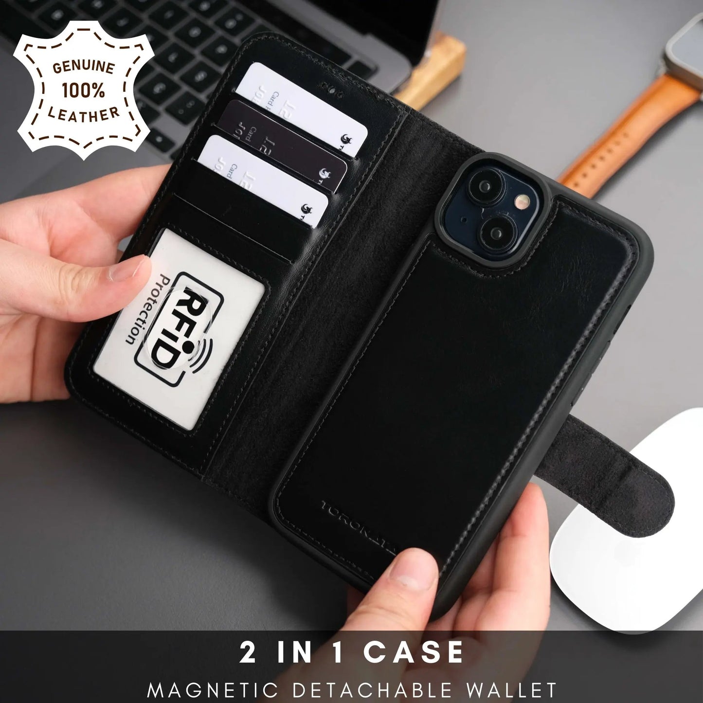 Casper Leather iPhone 15 Plus Wallet Case | Detachable MagSafe Compatible RFID Protection by TORONATA